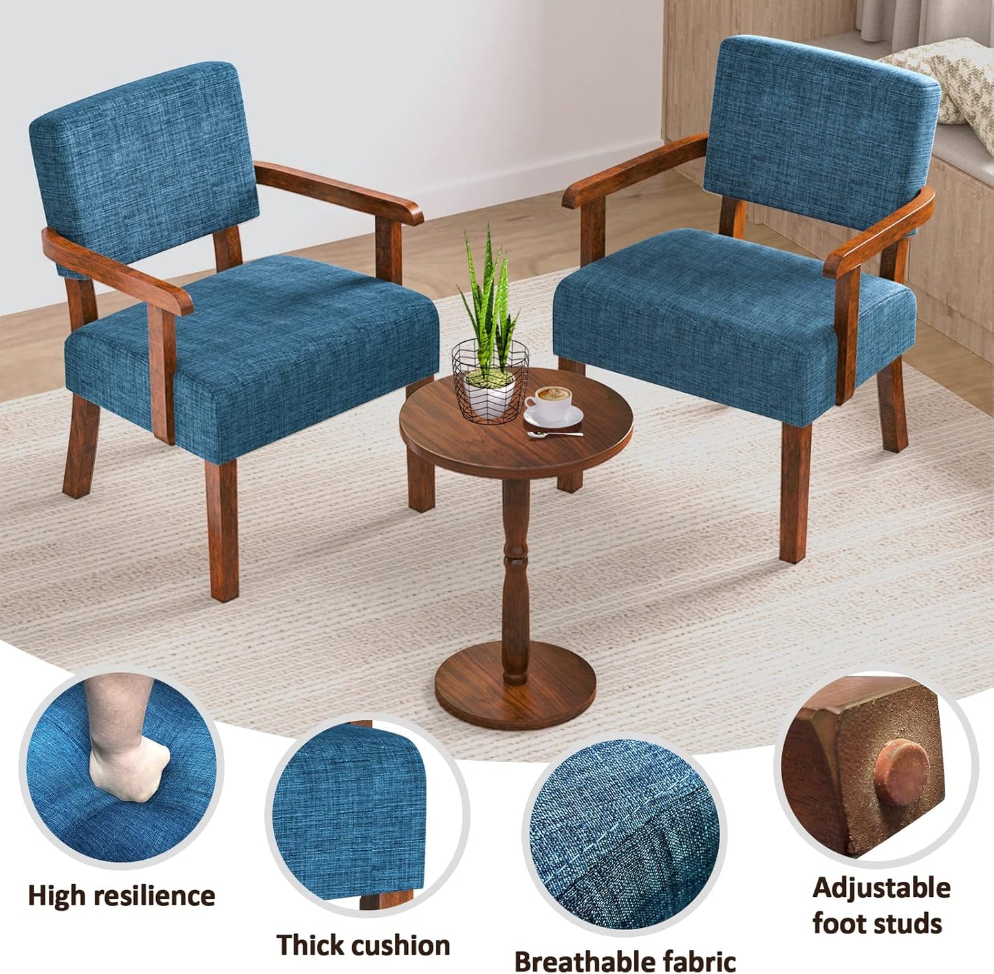 Accent Chair Set of 2 with Table, Living Room Chairs with Soft Seat and Armrests for Living Room Bedroom Reading Room Waiting Room, Lake Blue (AC01)