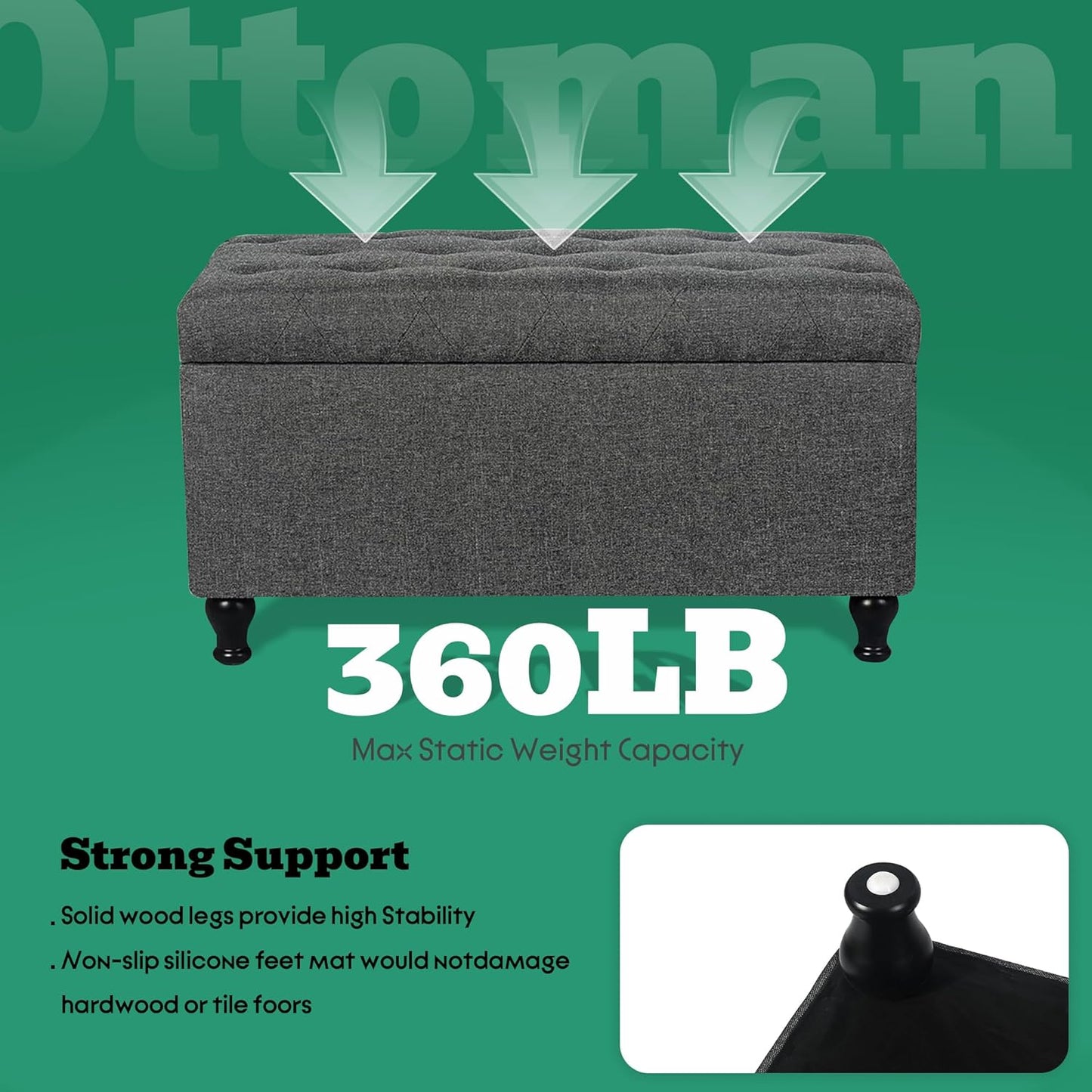 Ottoman with Storage 32'' Ottoman Storage Bench Linen Fabric Ottomans Footstools Upholstered Foot Rest Stool for Couch, Living Room, Bedroom, Entrance Shoe Bench Dark Gray