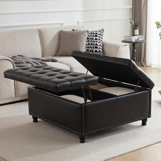 Tbfit Large Square Storage Ottoman Bench, Tufted Upholstered Coffee Table Ottomans with Lift Top & Solid Wood Legs, Oversized Storage Ottomans Toy Box for Living Room (Black)