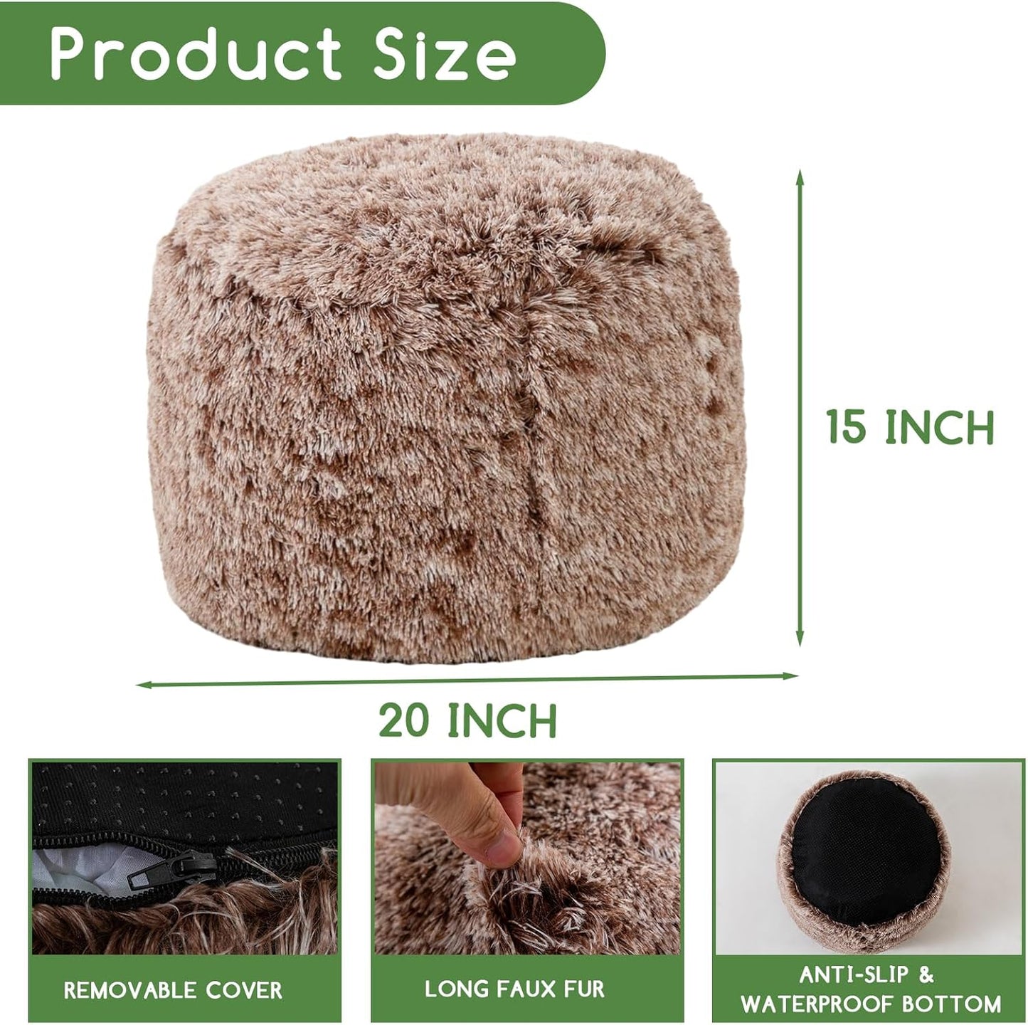 HIGOGOGO Round Stuffed Pouf Ottoman, Long Faux Fur Poufs with Foam Chunk Filling, Fluffy and Furry Pouf Foot Stool Storage Ottoman, 20 X 15 Floor Poufs Foot Rest for Living Room, Snow Coffee