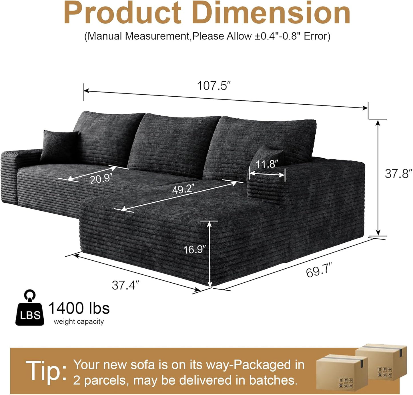 108" Sectional Couches for Living Room Modern Modular Sofa with L-Shape Couchs Upholstered Boneless Couch Deep Seat Sectional Couch with Chaise (Black, Right Facing Chaise+2Seaters)