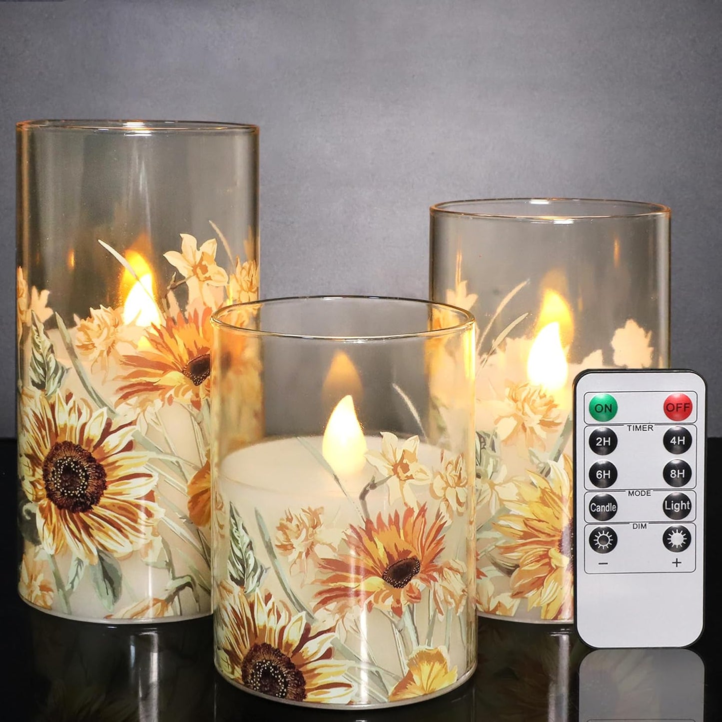 MELTONE Autumn Sunflower Flameless Candles Remote Real Wax Flickering Battery Operated Glass Candles - Home Party Bedroom Birthday Christmas Summer Fall Decorations