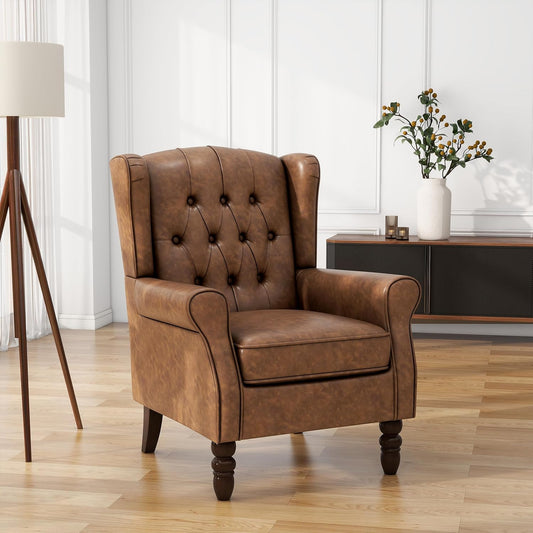 UIXE Faux Leather Accent Chair, High Back Upholstered Armchair for Living Room, Wingback Arm Chair Comfy Single Sofa Bedroom Reading Seat with Solid Wood Legs - Brown