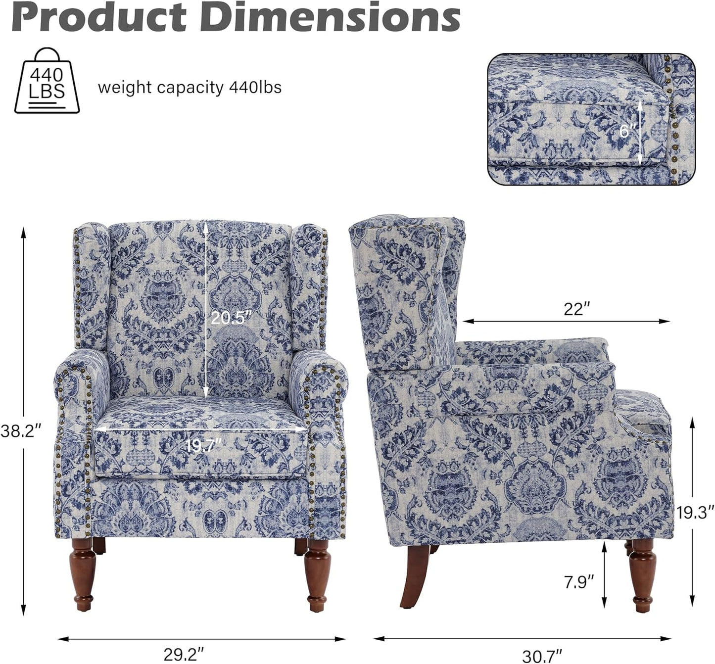 UIXE Floral Accent Chair, High Back Pattern Arm Chair for Living Room, Traditional Fabric Armchair Comfy Upholstered Sofa Reading Seat with Nailhead Trim & Retro Wood Legs - Navy