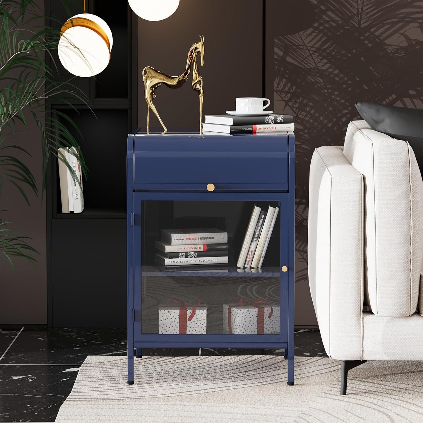 Modern Metal Side Tables Set of 2, End Tables with Glass Door, 2-Tier Nightstands with Storage Shelves, Accent Table, Slim Sofa Table for Living Room, Bedroom (Blue)