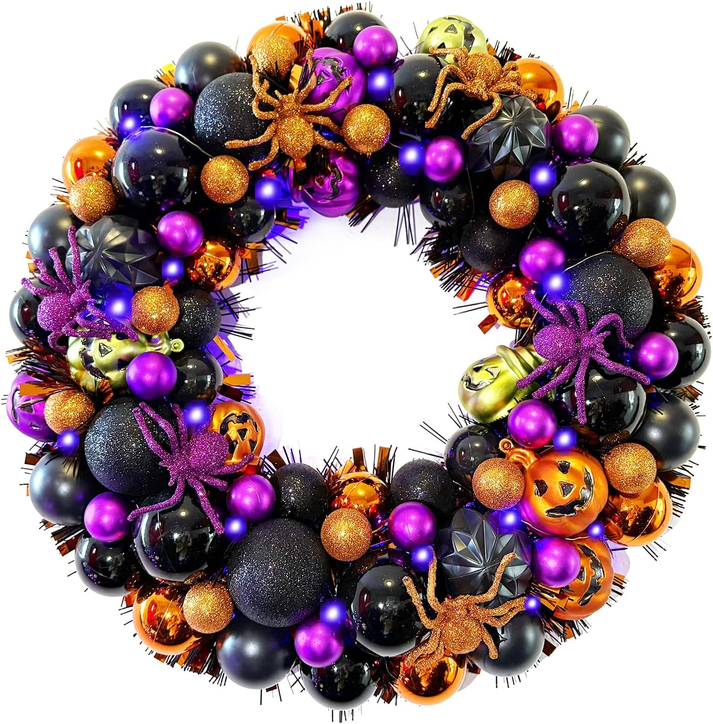 17 Inch Halloween Ball Wreath for Front Door with Lights, Lighted Cute Treat-or-Trick Door Wreath Ball Ornament for Halloween Indoor Decorations Centerpiece Party Holiday Wall Home Decor