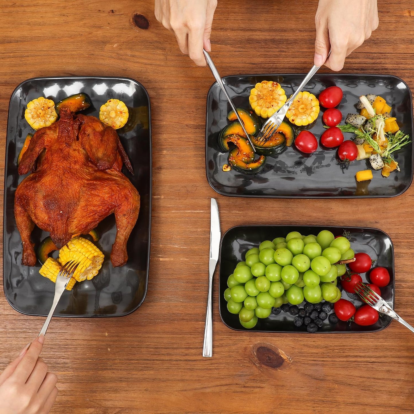 vicrays Ceramic Rectangle Serving Platters - 14" 12" 10" Porcelain Serving Trays Plates for Party BBQ Appetizers Sushi Dessert - Microwave Oven and Dishwasher Safe - Set of 3 Bright Black