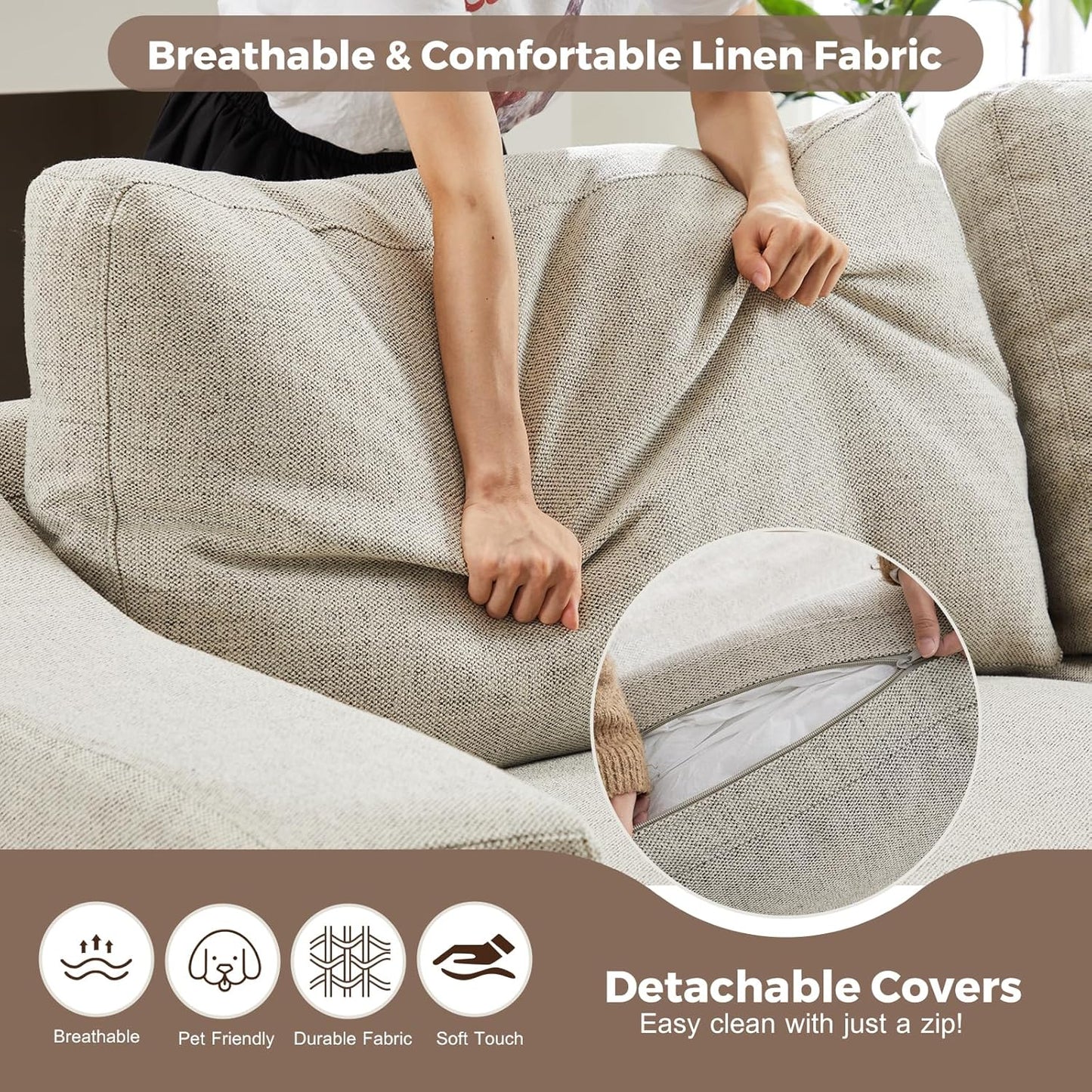 112" L Shaped Sectional Sofa with Detachable Sofa Cover, Reversible Sectional Modular Couch for Living Room, Linen Fabric Corner Couch with 7 Seats, Oatmeal