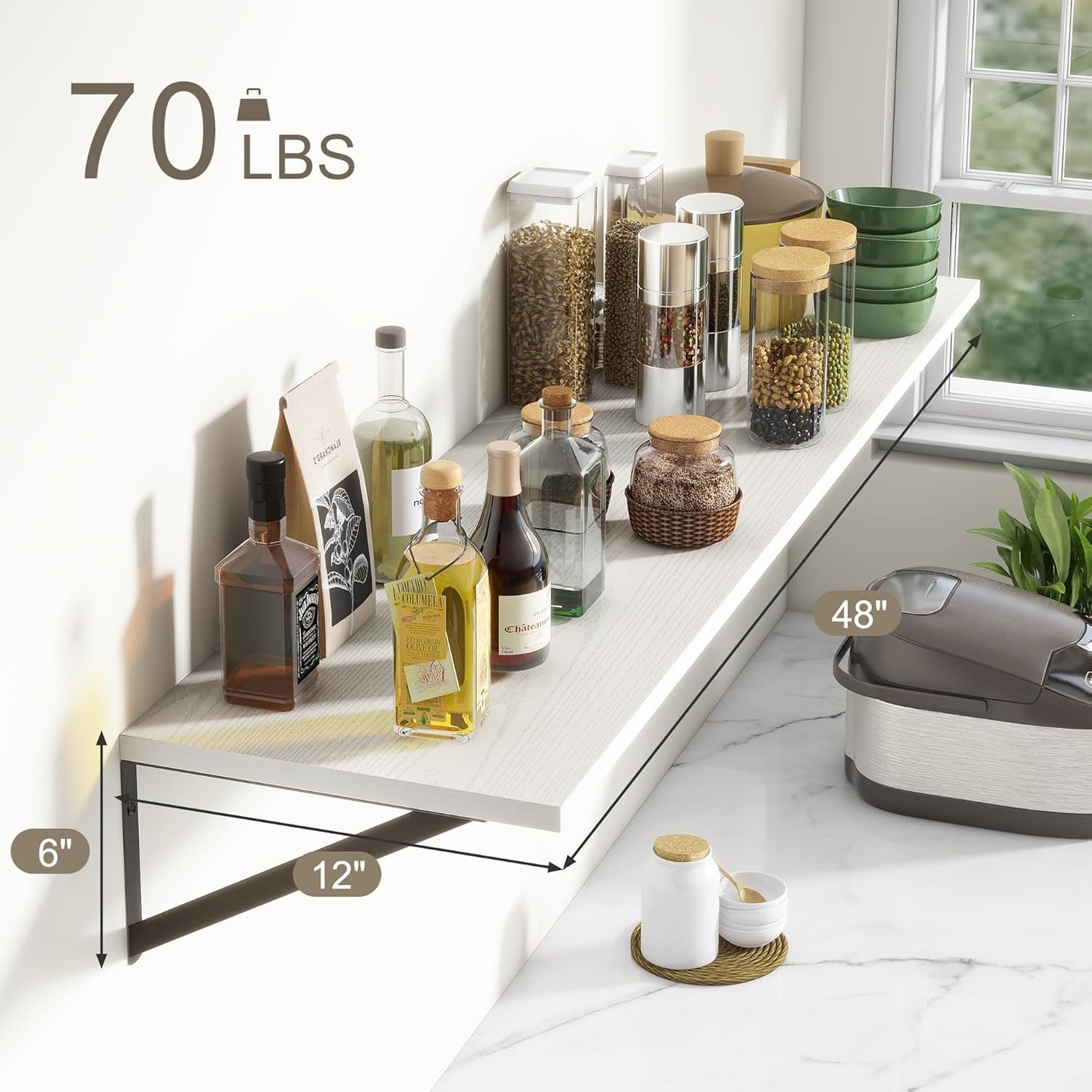 12 Inch Deep Floating Shelves, White Floating Shelves 48W x 12D, Deep Wall Shelves Bracket Set of 2, Large Display Hanging Floating Shelf for Bathroom, Living Room, Wide Storage Wooden Wall Shelf