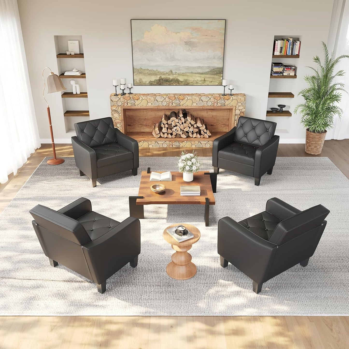 STHOUYN Living Room Chairs Black Leather Accent Chairs Set of 2, Waiting Room Arm Chairs, Reading Chairs for Bedroom Comfy Club Chair Tufted, Office Small Space (2, Black)