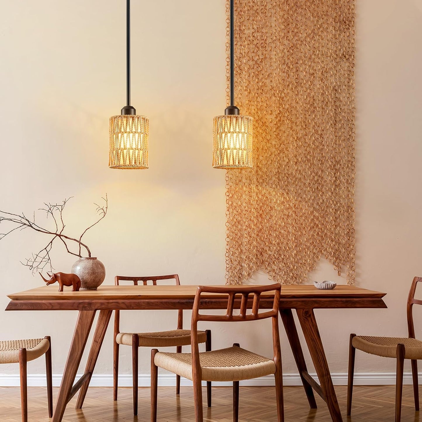 Pendant Light Boho Hanging Lamp - Rattan & Linen 2-in-1 Shade, Adjustable Hanging Lights Fixture for Kitchen Island, Dining Room, Farmhouse, Bedroom (2 Pack)