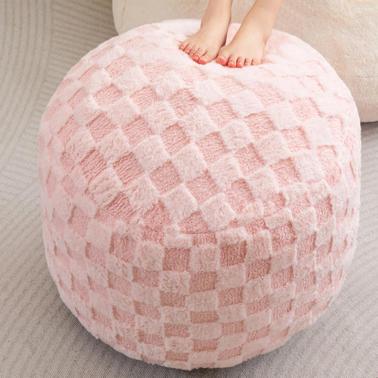 HIGOGOGO Round Stuffed Pouf Ottoman, Plaid Poufs with Foam Chunk Filling, Fluffy and Furry Pouf Foot Stool Storage Ottoman, 26 X 18 Floor Poufs Foot Rest for Living Room, Pink