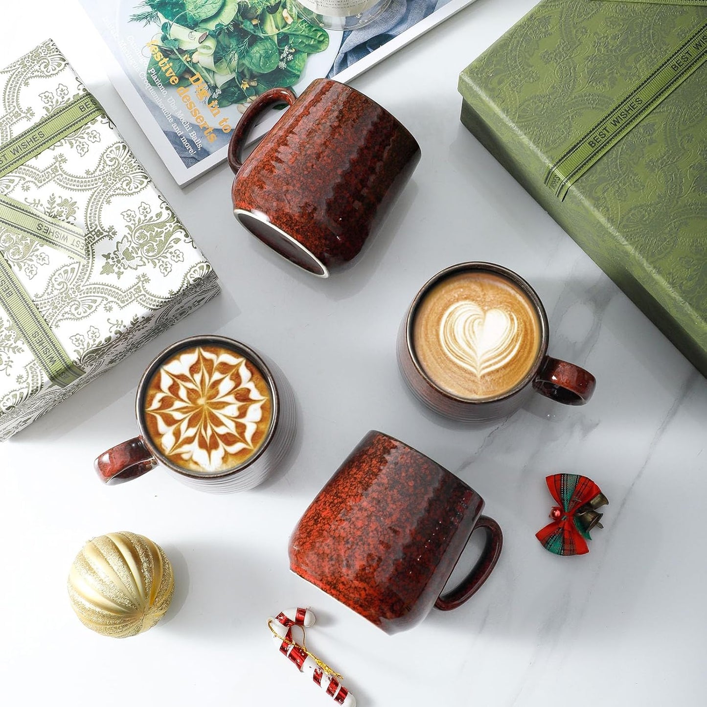 Hasense Ceramic Coffee Mugs Set of 4, 8 oz Small Coffee Cups, Porcelain Mug with Handle for Espresso, Tea, Milk and Cocoa, Ideal for Mother's Day Christmas Gift, Dishwasher & Microwave Safe, Red