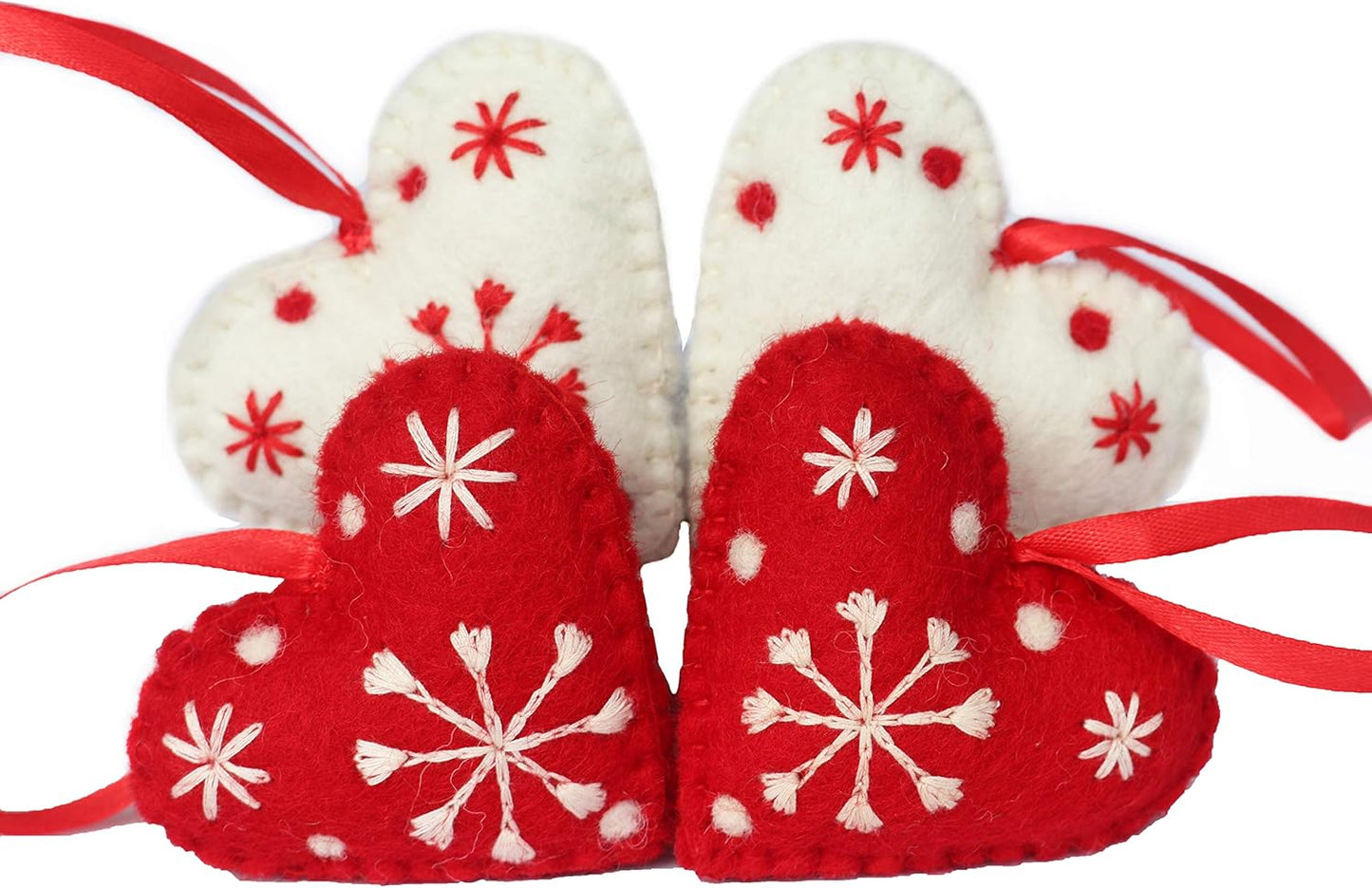 Hearts Christmas Ornaments Set of 4-Snowflake 100% Pure New Zealand Wool Handmade Eco-Friendly Valentine's Day Decor Shower Nursery Decoration Fair Trade (4, Heart)