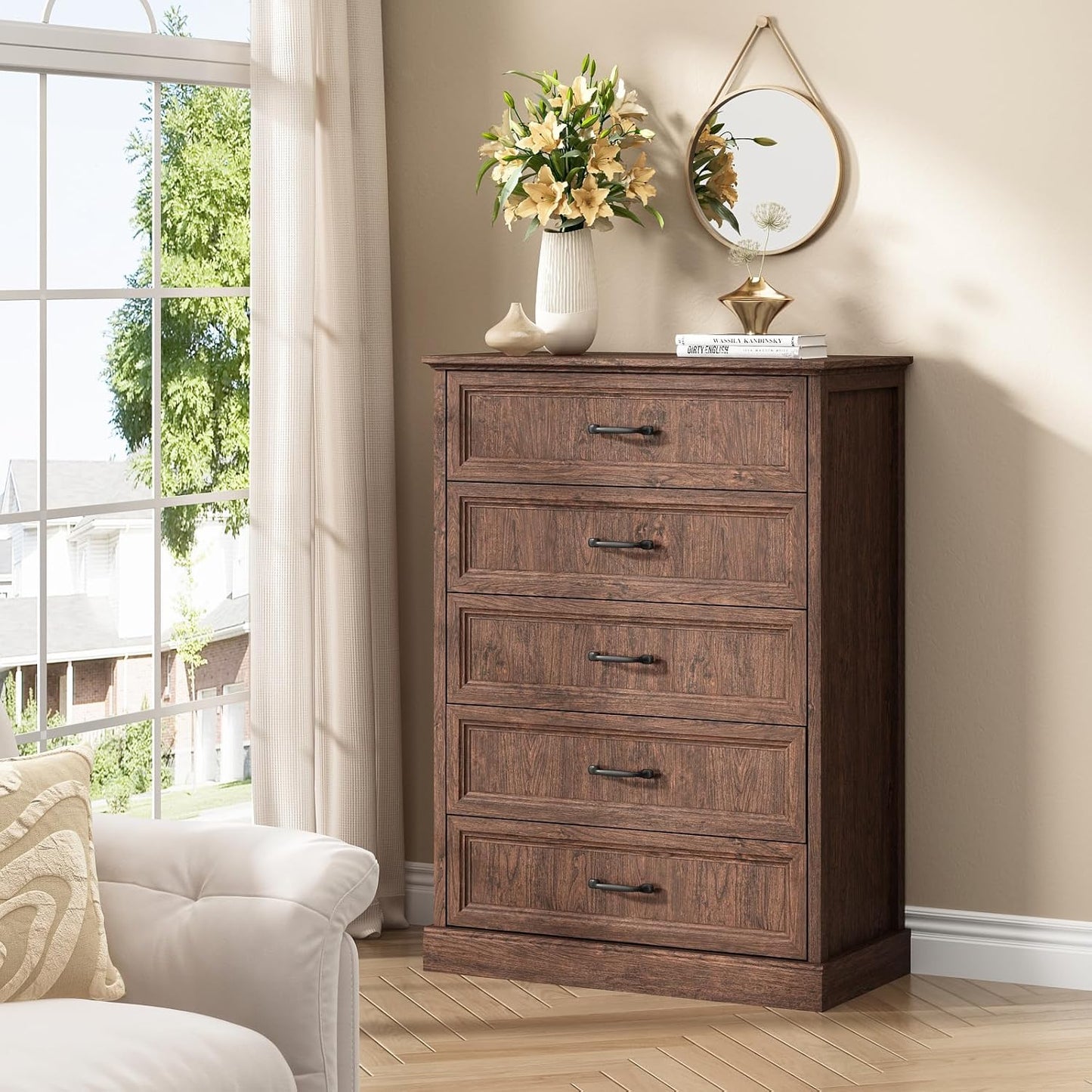 Farmhouse 5 Drawers Dresser for Bedroom, 44" Tall Brown dresser Wood Rustic Chest of Drawers with Wide Metal Handle,Natural Texture,Drawer Organizer for Bedroom,Living Room,Hallway and Entryway