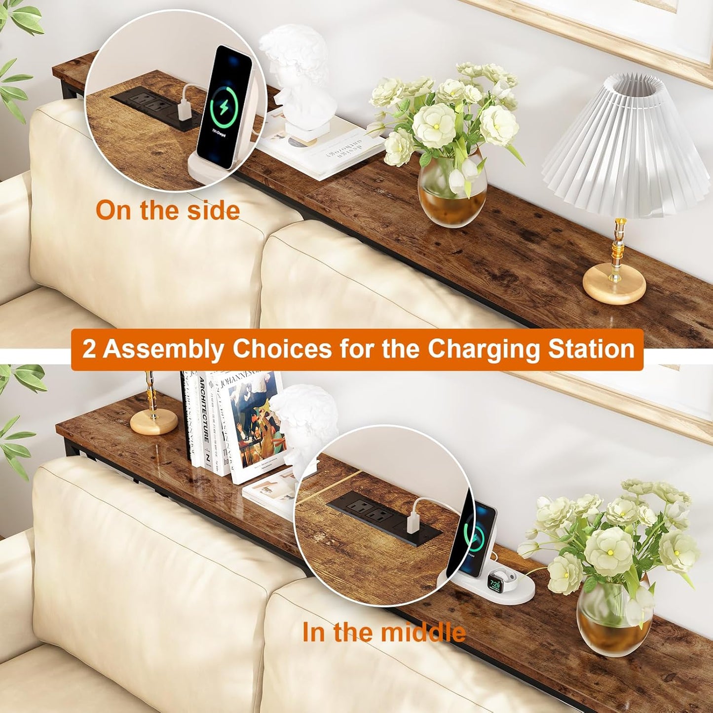 SUPERJARE 70 Inch Console Table with Outlets and USB-C Port, Extra Long Behind Couch Sofa Table with X-Shaped Design, Narrow for Entryway, Living Room, Metal Frame, Wooden Top, Rustic Brown