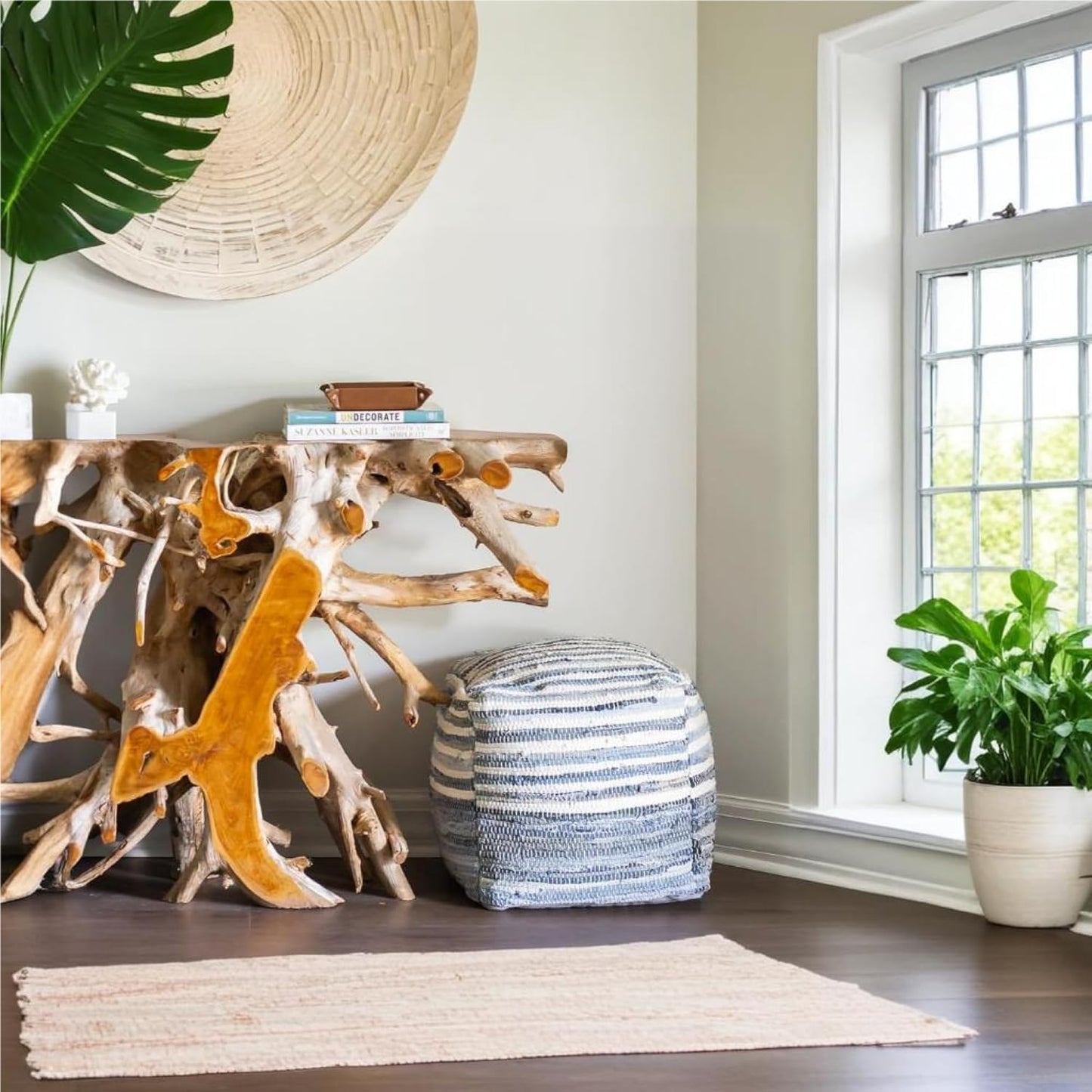 Mark&Day Pouf Ottoman, Korneuburg Natural Fiber Navy Cube Pouf Foot Rest for Living Room, Bedroom and Boho Home Decor (16"x16"x16")