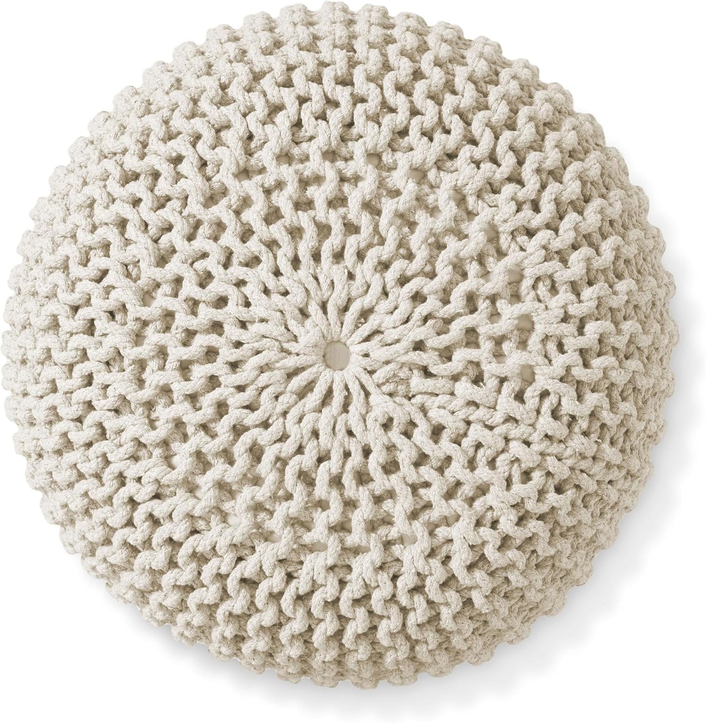 Casafield Round Pouf Ottoman, Natural - 20" Diameter x 14.5" High Cotton Knit Foot Stool - Boho Floor Pouffe for Living Room, Bedroom, Home Office