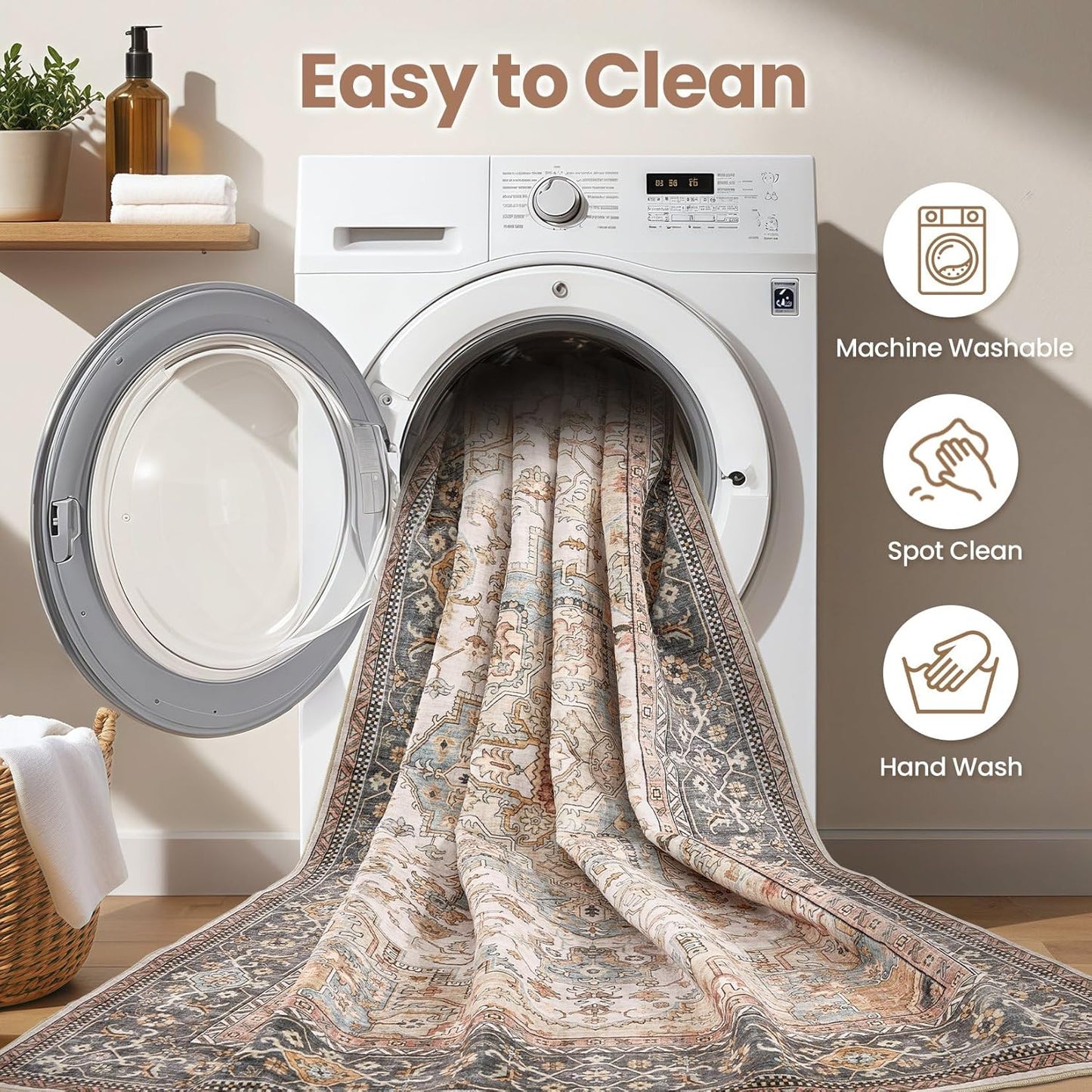 Washable Area Rugs for Living Room - 8x10 Neutral Vintage Distressed Floral Farmhouse Boho Large Soft Floor Rug Indoor Non Slip Carpet for Bedroom Dining Room Office -Forest Green Orange