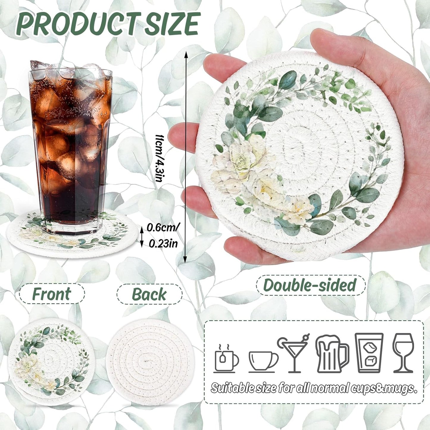 Whaline Eucalyptus Floral Cotton Coasters Flower Leaves Handmade Braided Drink Coasters Green Absorbent Cup Coaster for Spring Wedding Baby Shower Party Home Office Table Decoration, Set of 4