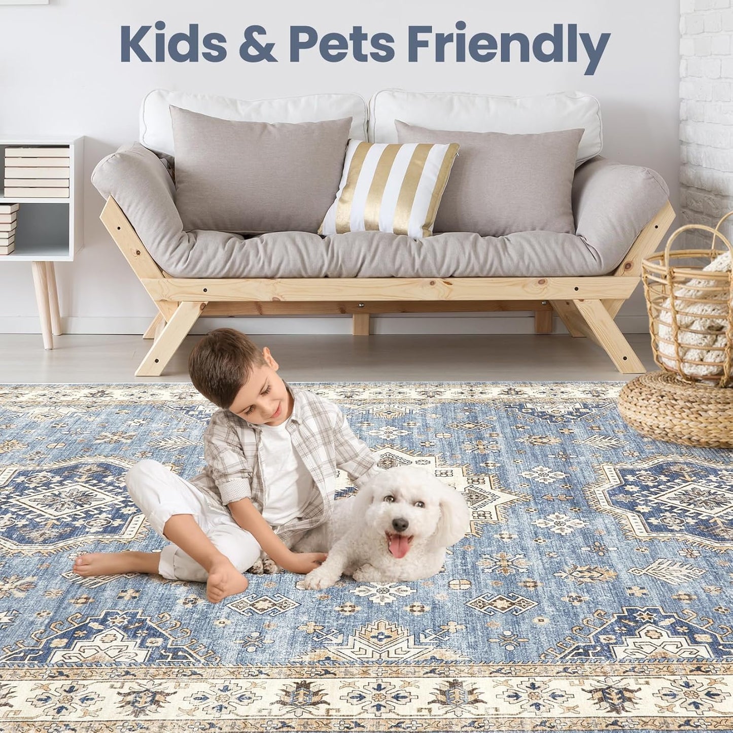 Washable Area Rugs for Living Room -9x12 Neutral Vintage Distressed Floral Farmhouse Boho Large Soft Floor Rug Indoor Non Slip Carpet for Living Room Bedroom Dining Room Office - Blue