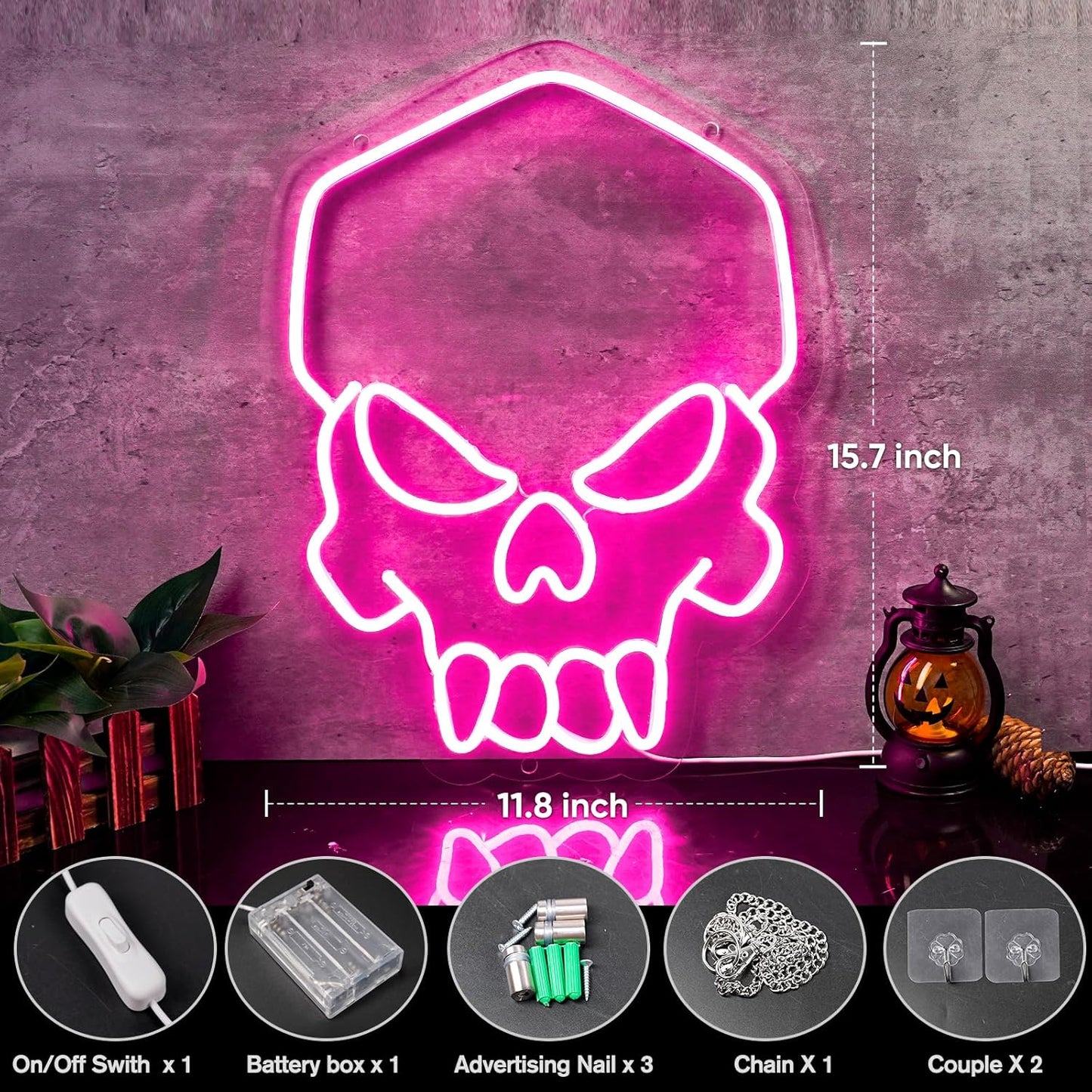 Skull Neon Sign Pink,Halloween Neon Light for Wall Decor, Skeleton LED Neon Sign for Beer Bar Bedroom Art,Skull Head Neon Lights Suitable for Computer Room,5V USB Power 15.75 * 11.8in(Non-Dimmable)
