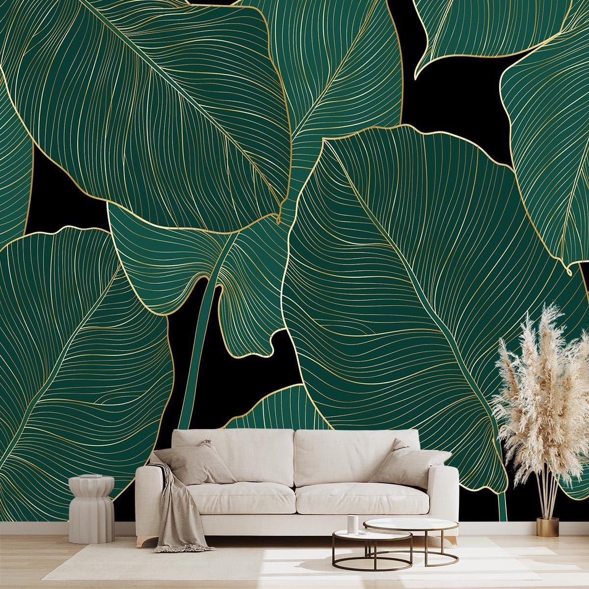 Black and Gold Leaf Mural Bedroom Tropical Green Botanical Wallpaper Room Plant Decor Living Room tv Background Large Wall Mural - 91"x65" (Not Peel and Stick)