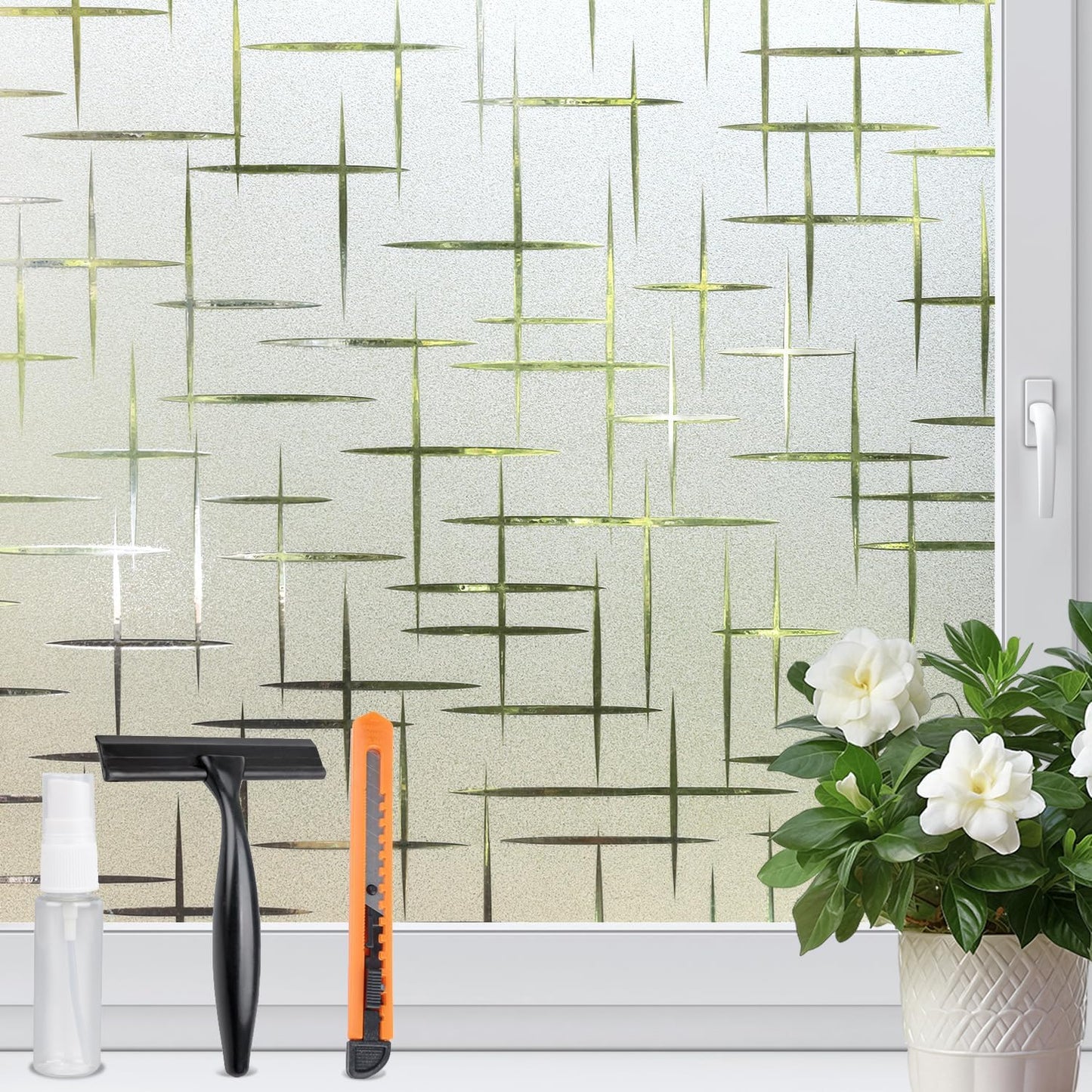 HIDBEA Window Privacy Film, Decorative Staic Cling Frosting Film, Heat Control UV Blocking Non-Adhesive Window Sticker for Home, Cross Pattern,35.4 X 78.7 Inches