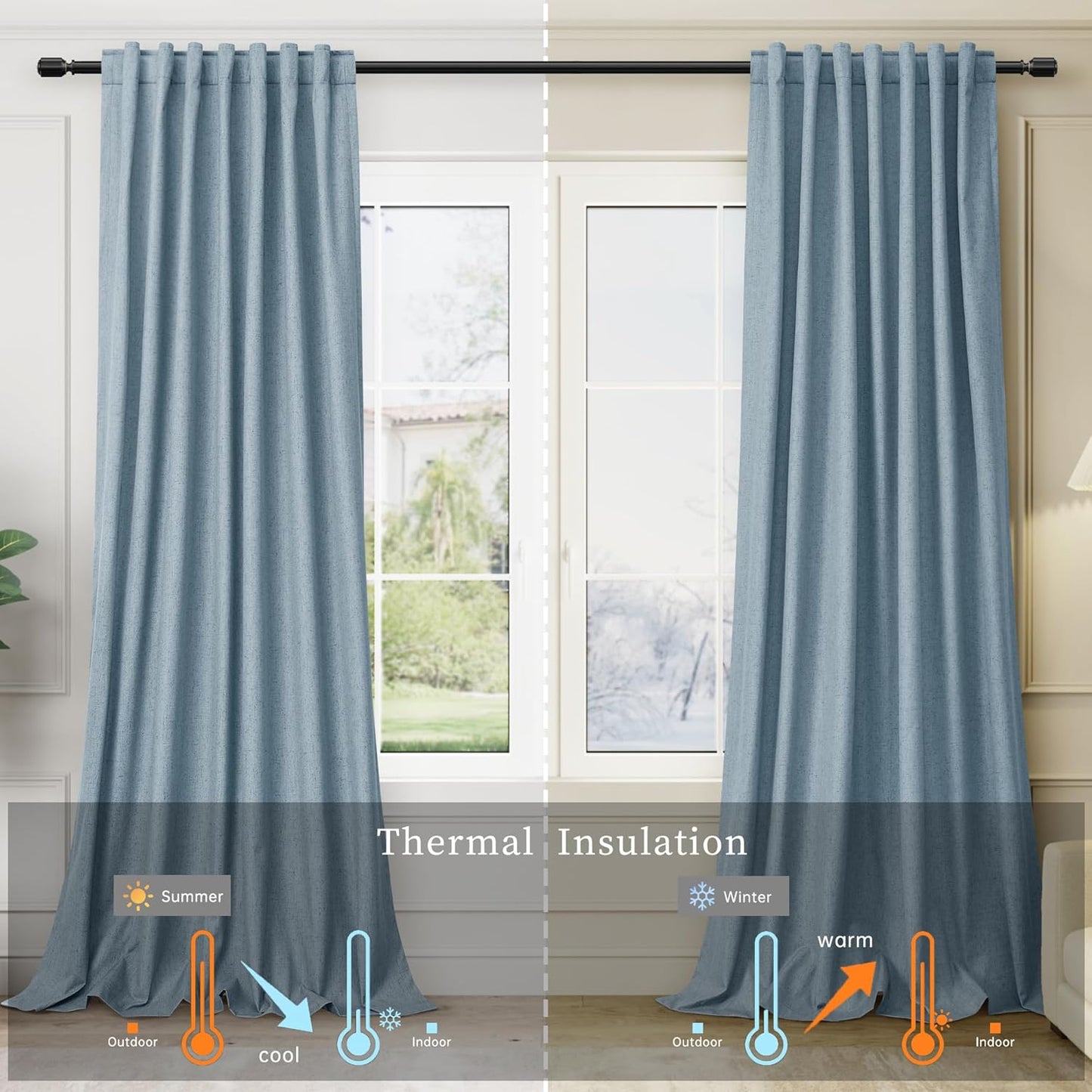 BOODII Blue Black Out Curtains 80 Inch Long for Bedroom Window Room Darkening Full Light Blocking Curtains Back Tab Neutral Elegant Nursery Baby Blackout Curtain Thermal Insulated Linen Drapes 52x80