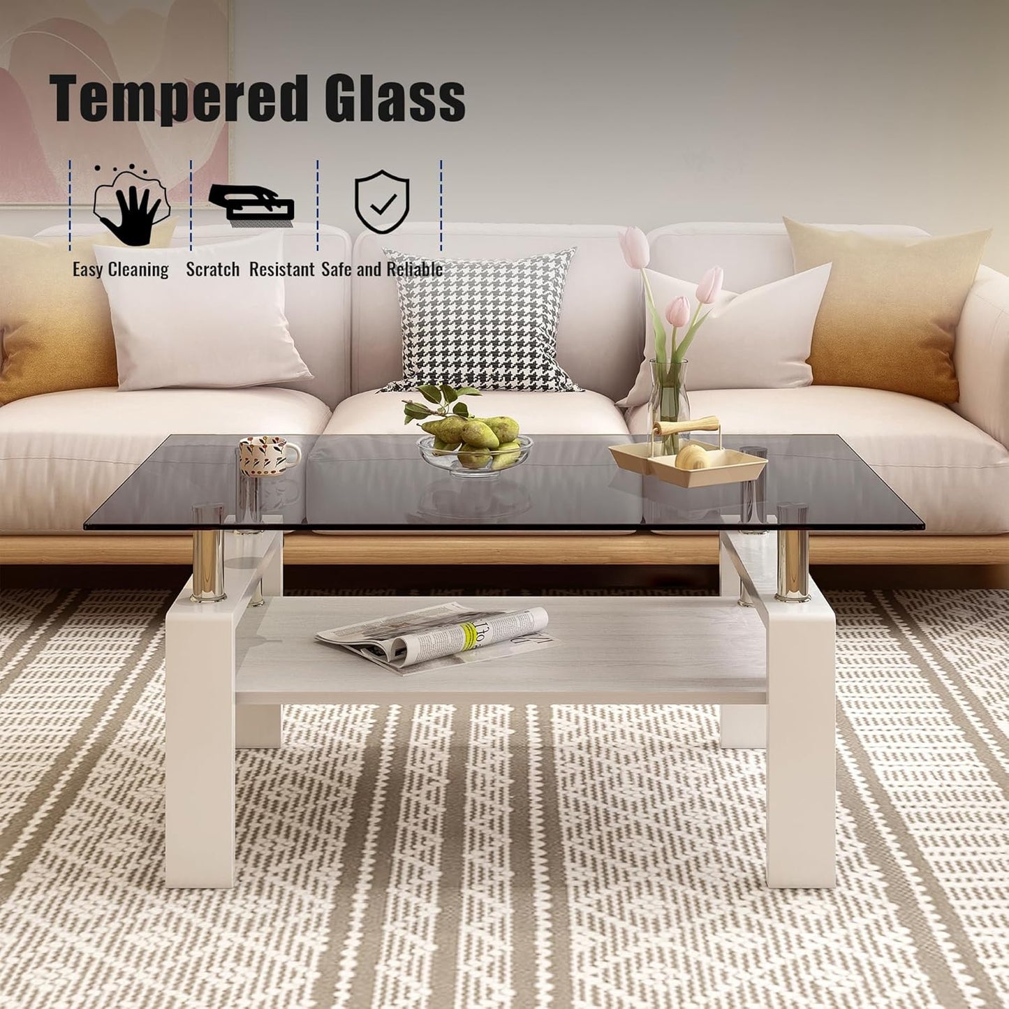Glass Coffee Table Rectangle Living Room Center Table, with Gray Tempered Glass Tabletop and White MDF Layer,for Living Room and Office, Gray+White
