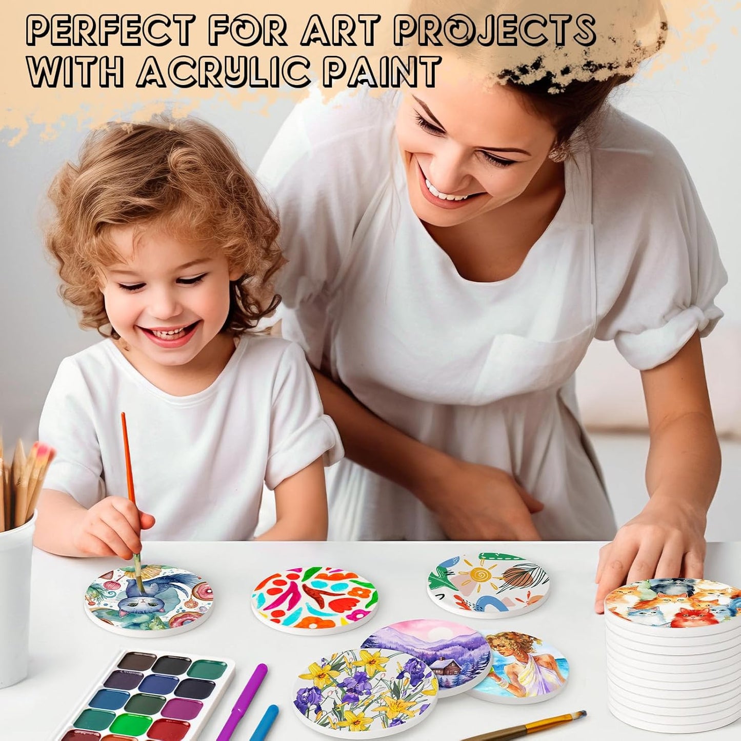 Ceramic Tiles for Crafts, GOH DODD 36 Pack Unglazed Blank Coasters with Cork Backing for Alcohol Ink Painting Acrylic Pouring Art Projects Housewarming Gifts Wedding School Education, Round, 4 Inch