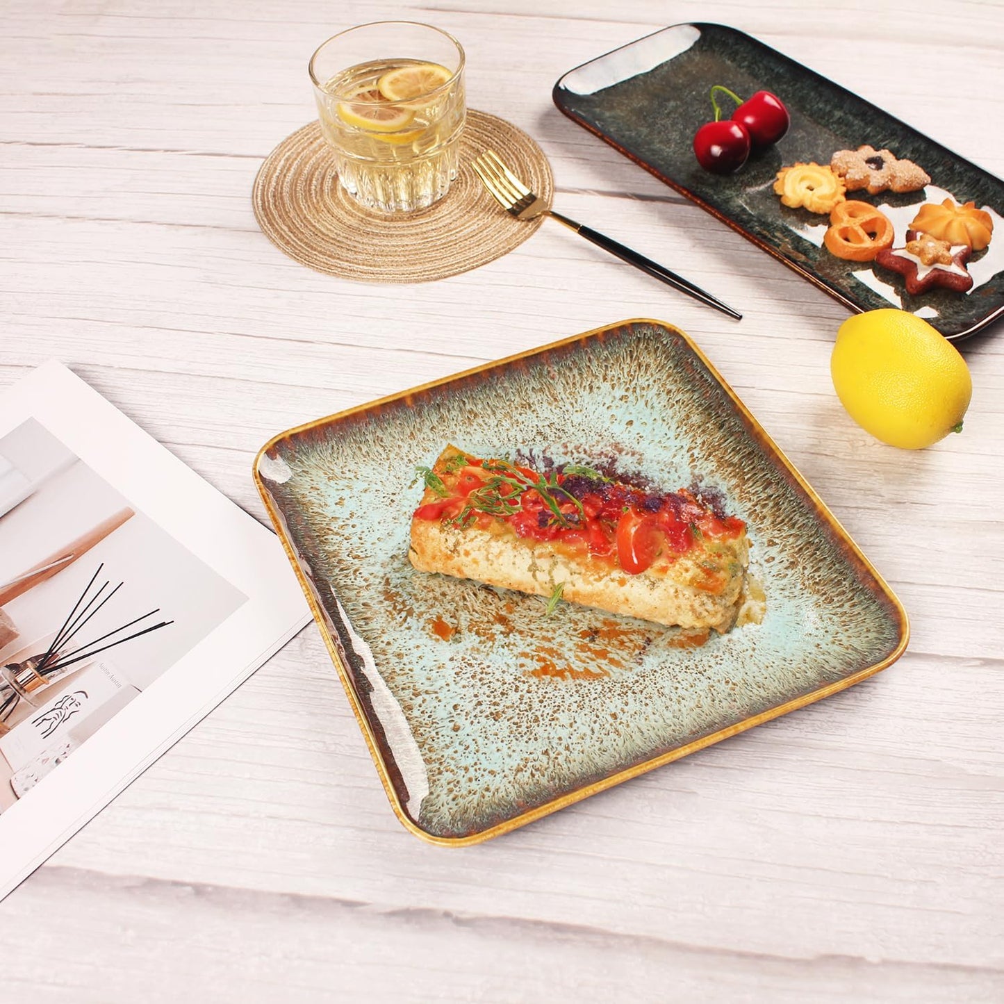 Ceramic Dinner Plates Dish Set,Set of 4,for Lunch snacks -Microwave Oven & Dishwasher Safe,Scratch Resistant,Dinnerware Kitchen Porcelain Serving Dishes,9 inch Square