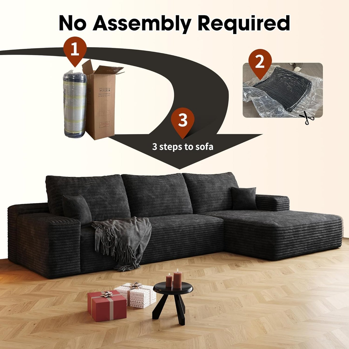 108" Sectional Couches for Living Room Modern Modular Sofa with L-Shape Couchs Upholstered Boneless Couch Deep Seat Sectional Couch with Chaise (Black, Right Facing Chaise+2Seaters)