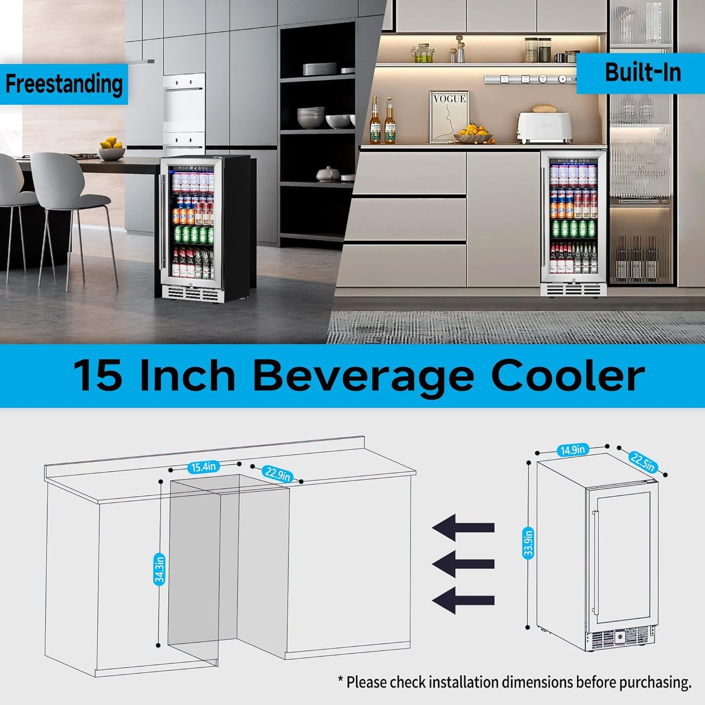 15 Inch Beverage Refrigerator Under Counter - 126 Cans Beverage Fridge with Glass Door for Beer Wine Soda - Built-in or Freestanding Wine Cooler with Safety Lock for Home Kitchen Bar