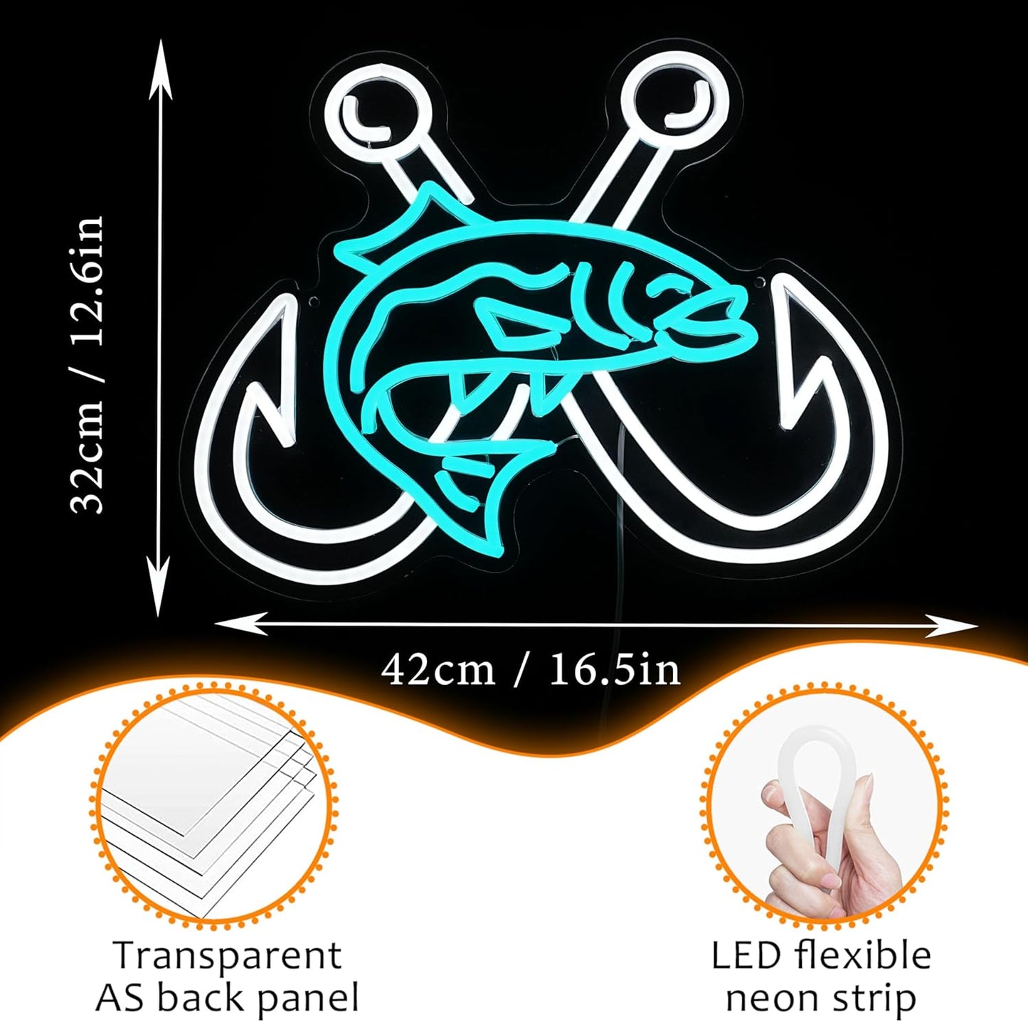 LISIGNVE Crossed Fish Hooks Neon Sign Fishing Led Neon Light for Wall Decor Fish On Light up Sign for Fishing Gear Store Yacht Gift for Father Boy(16.5 * 12.6 In)