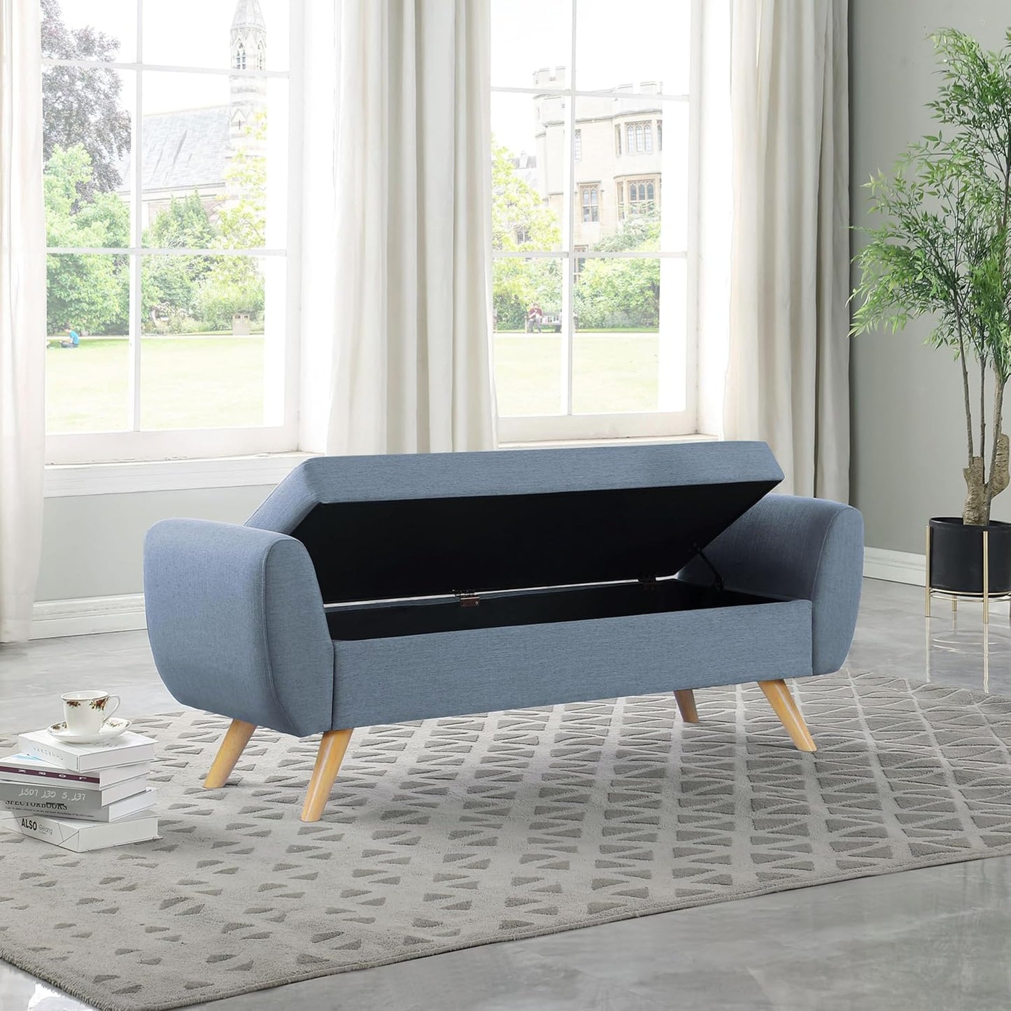 HomePop Modern Storage Bench with Wood Legs |Homepop Home Décor|Bench with Storage for Living Room & Bedroom - French Blue Woven