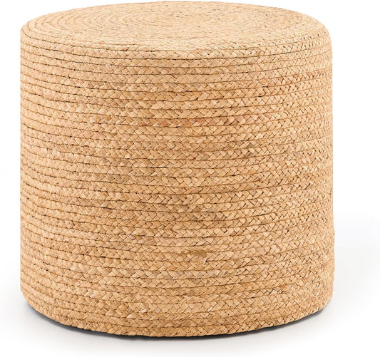 Handwoven Ottoman Pouf, Natural Water Hyacinth Footstool, Round Braided Outdoor Seat with Sturdy Frame, Boho Accent Stool for Patio, Balcony, or Garden (Natural)