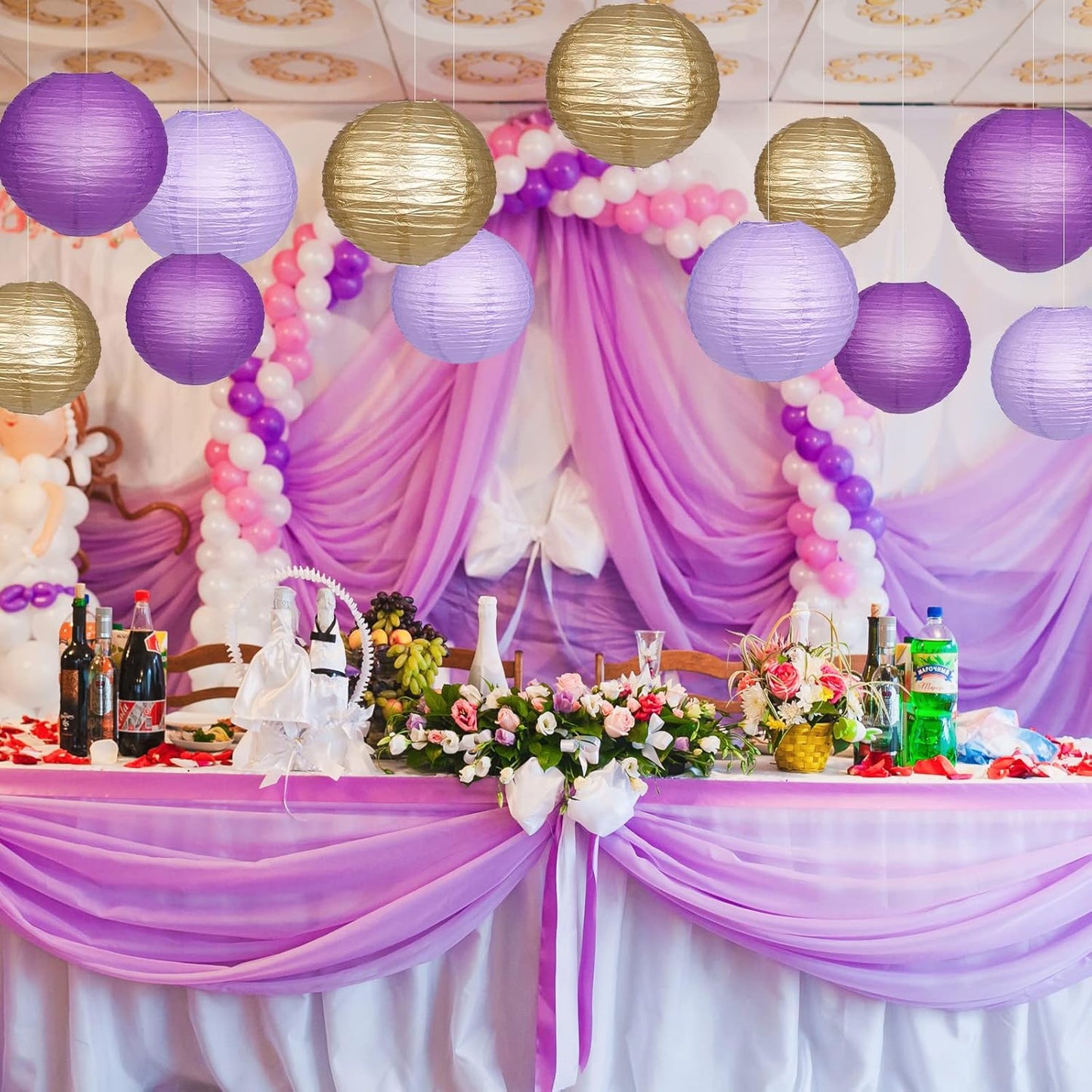 Paper Lanterns Decorative, Purple Lavender Gold Hanging Round Chinese Lanterns with Lights for Graduation Bachelorette Theme Birthday Party 12 LED Light Pack of 12