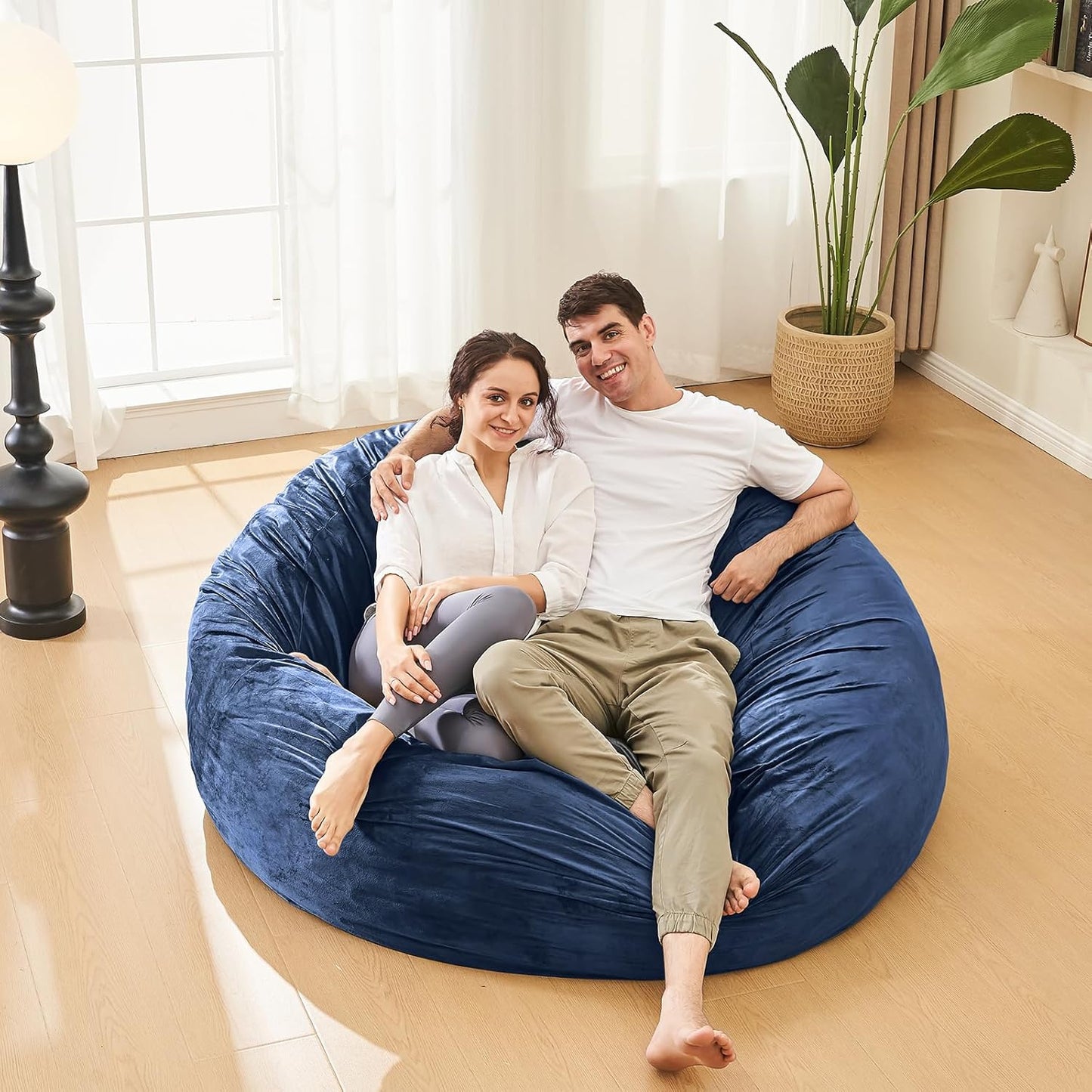 Bean Bag Chairs for Adults - Memory Foam Furniture BeanBag Chair - Kids/Teens Sofa with Soft Micro Fiber Cover - Round Fluffy Couch for Living Room Bedroom College Dorm - 5 ft, Navy
