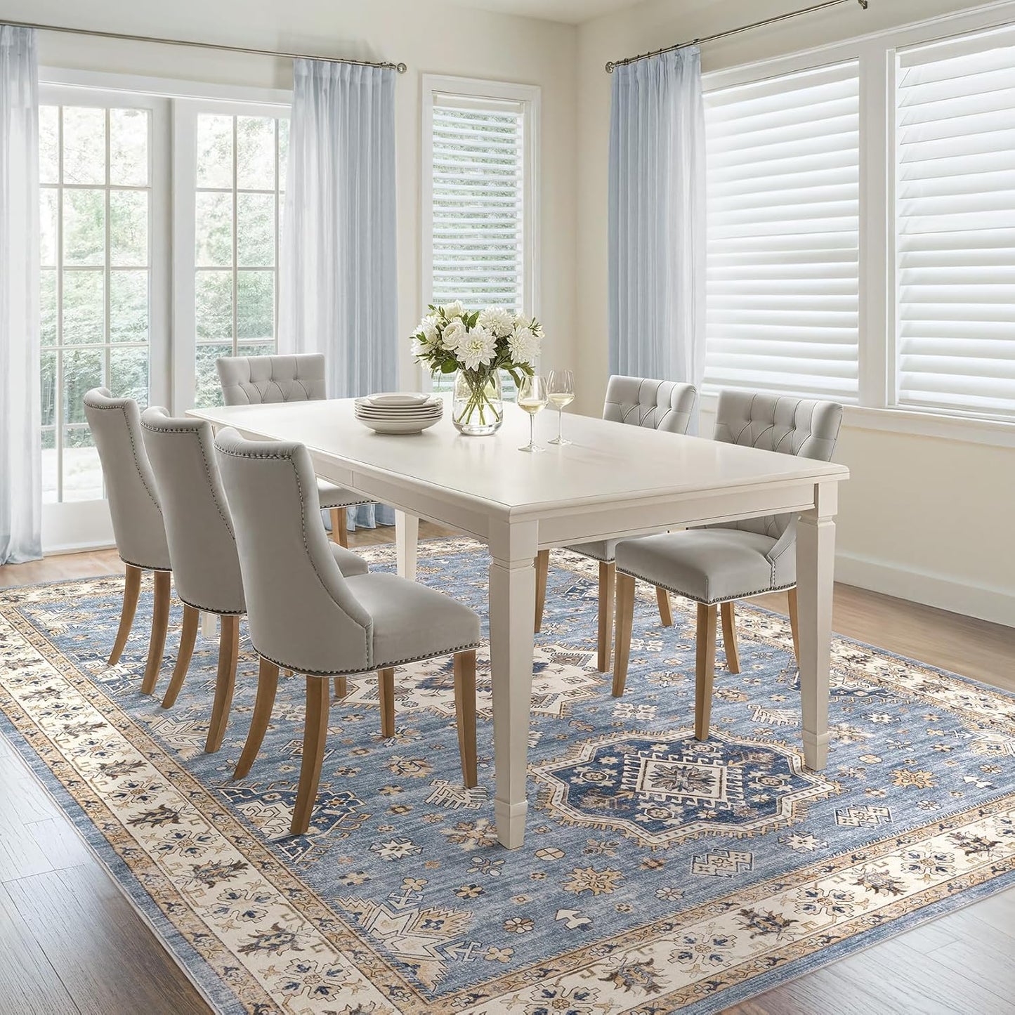 Washable Area Rugs for Living Room -10x13 Neutral Vintage Distressed Floral Farmhouse Boho Large Soft Floor Rug Indoor Non Slip Carpet for Living Room Bedroom Dining Room Office - Blue