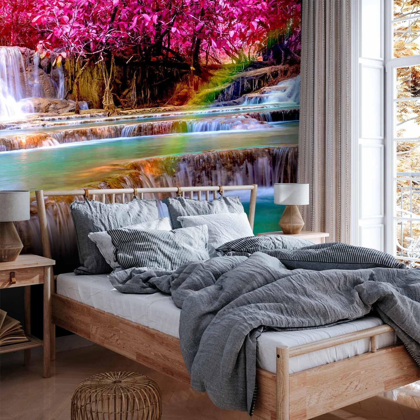 artgeist Wall Mural Waterfall 216x98 in - XXL Non-Woven Corner Wallpaper Fleece Angle Wall Decor Photo Print Picture Image Design Modern Nature Sun Pink Tree Forest c-B-0474-a-a