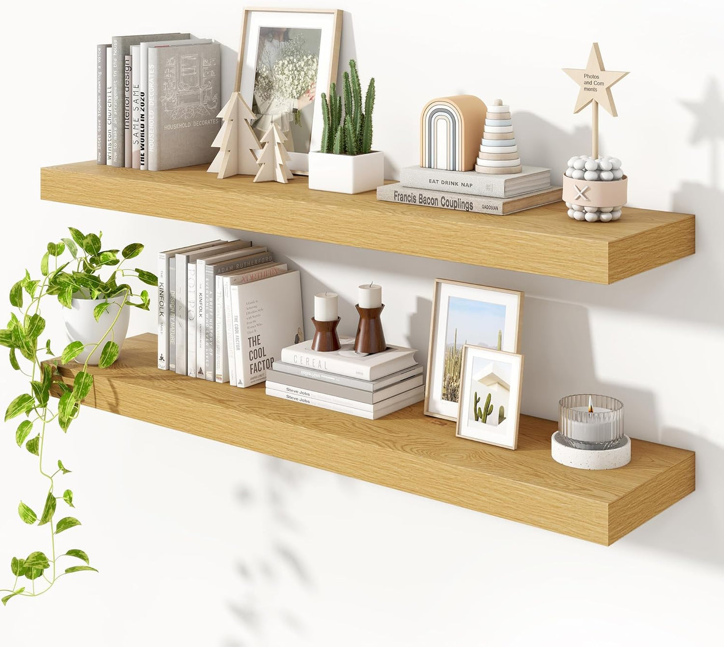 Heimlove 48" Floating Shelves for Wall,10 Deep Rustic Wood Storage Wall Shelves with Heavy Duty Brackets for Bathroom,Bedroom,Kitchen,Living Room,Office,Set of 2,Oak Color