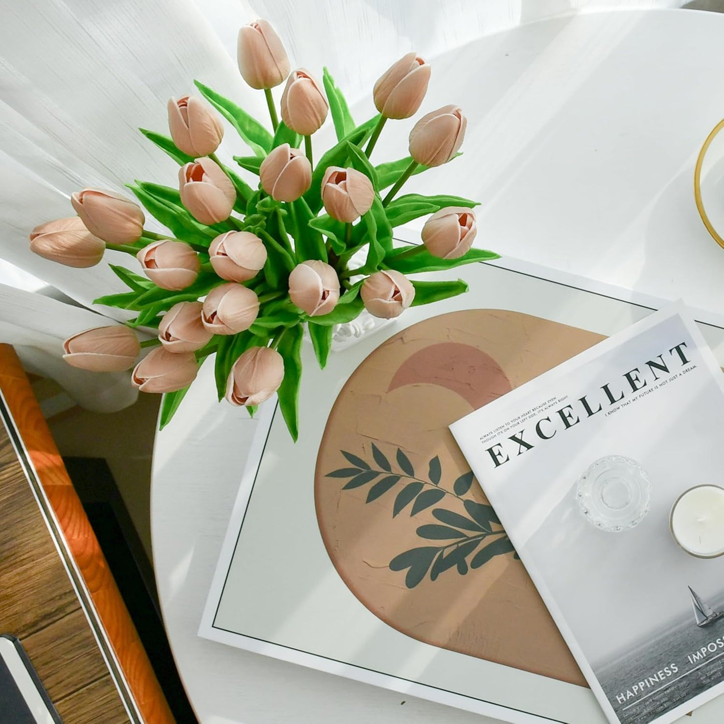 Mandy's Artificial Tulips 20 Stems Light Brown PU Faux Flowers for Wedding Home Decor 13.5 Inch