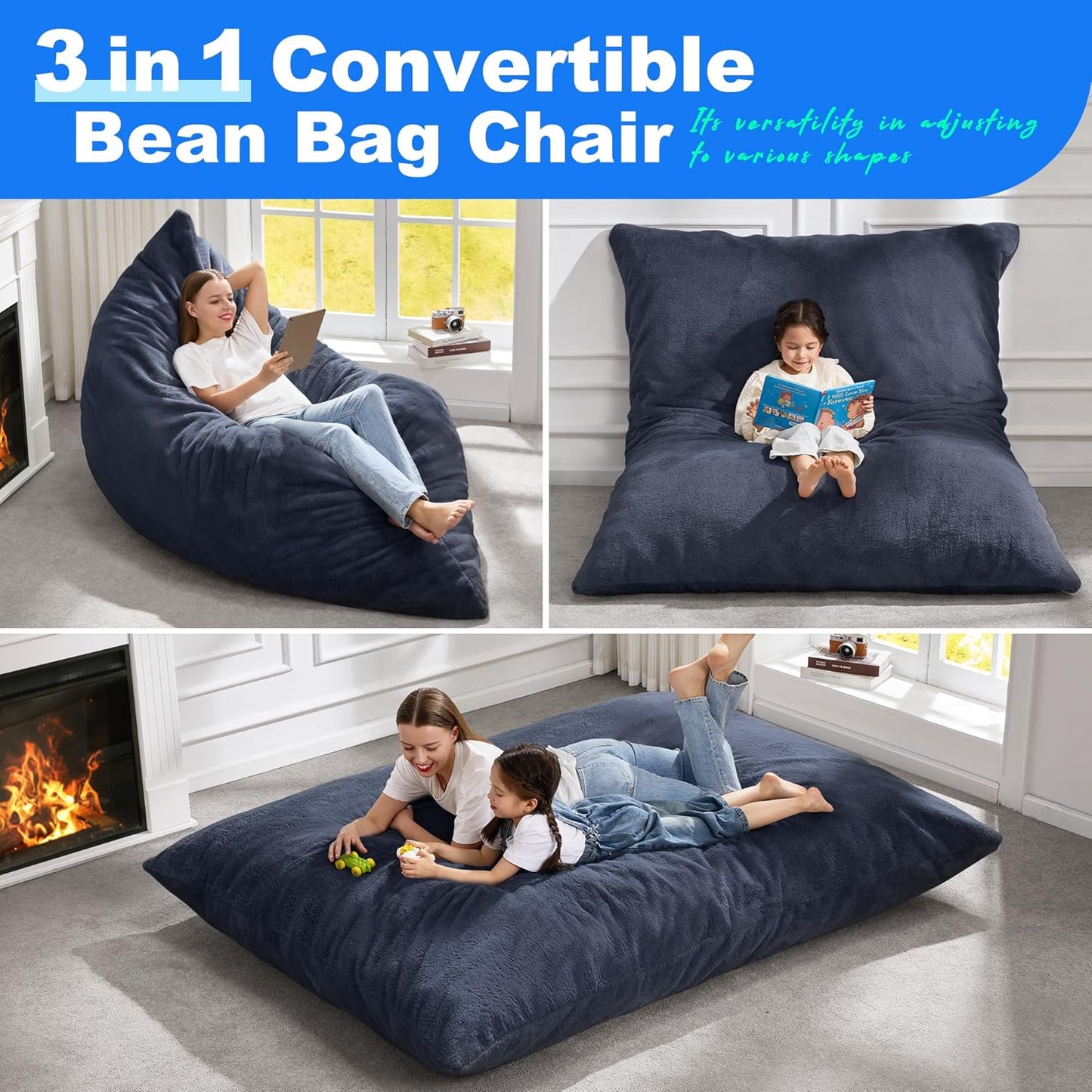 Hobestluk 3 in 1 Bean Bag Chair Giant Bean Bag Chairs for Adults with Plush Faux Fur Cover Convertible Bean Bag Floor Cushion with Machine Washable Cover for Living Room (Plush Dark Grey)