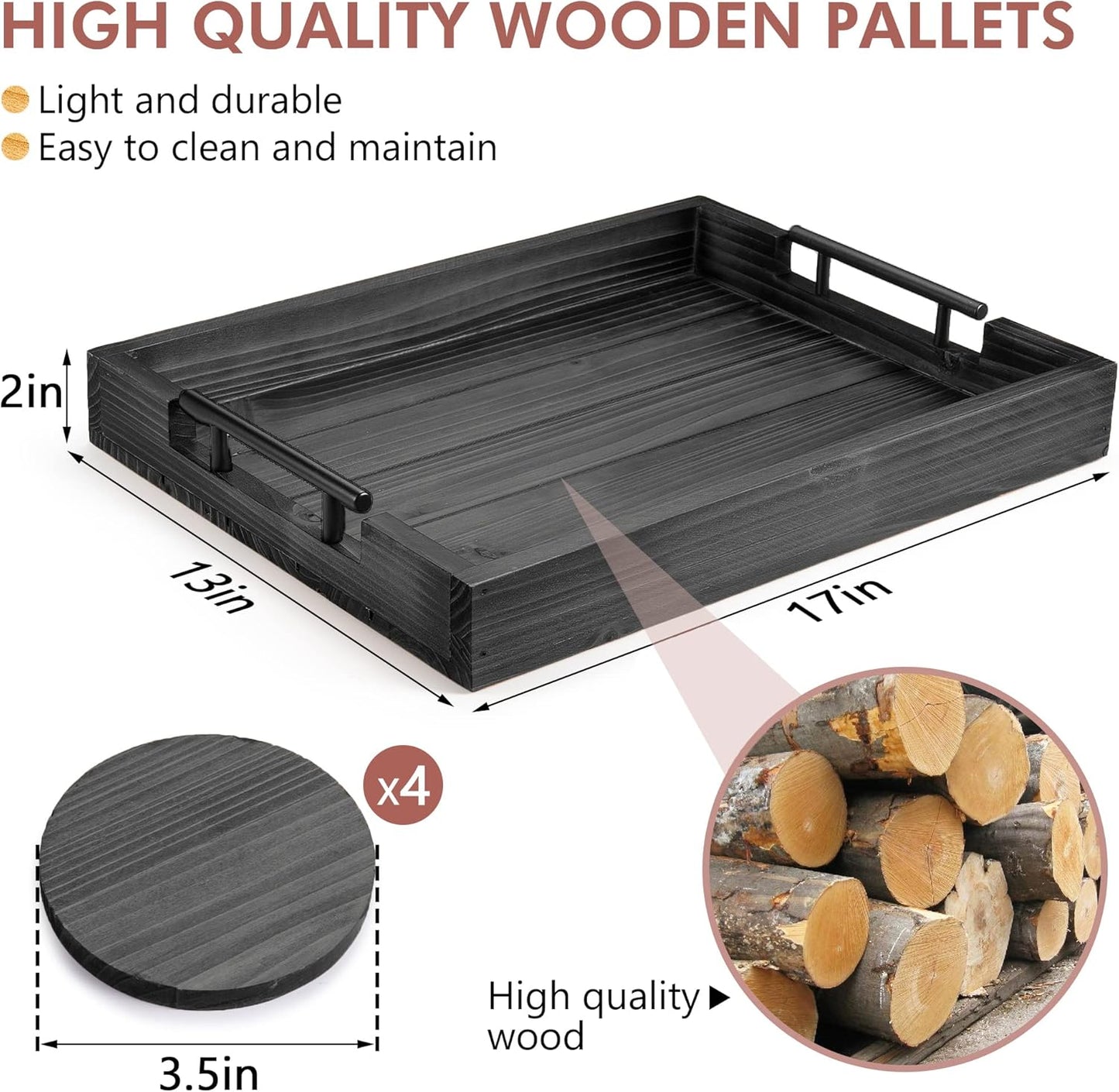 Dark Grey Coffee Table Decorative Serving Tray with Handles & 4 Coasters - 17x13 Inch Wood Tray for Ottoman, Breakfast, Wooden Tray