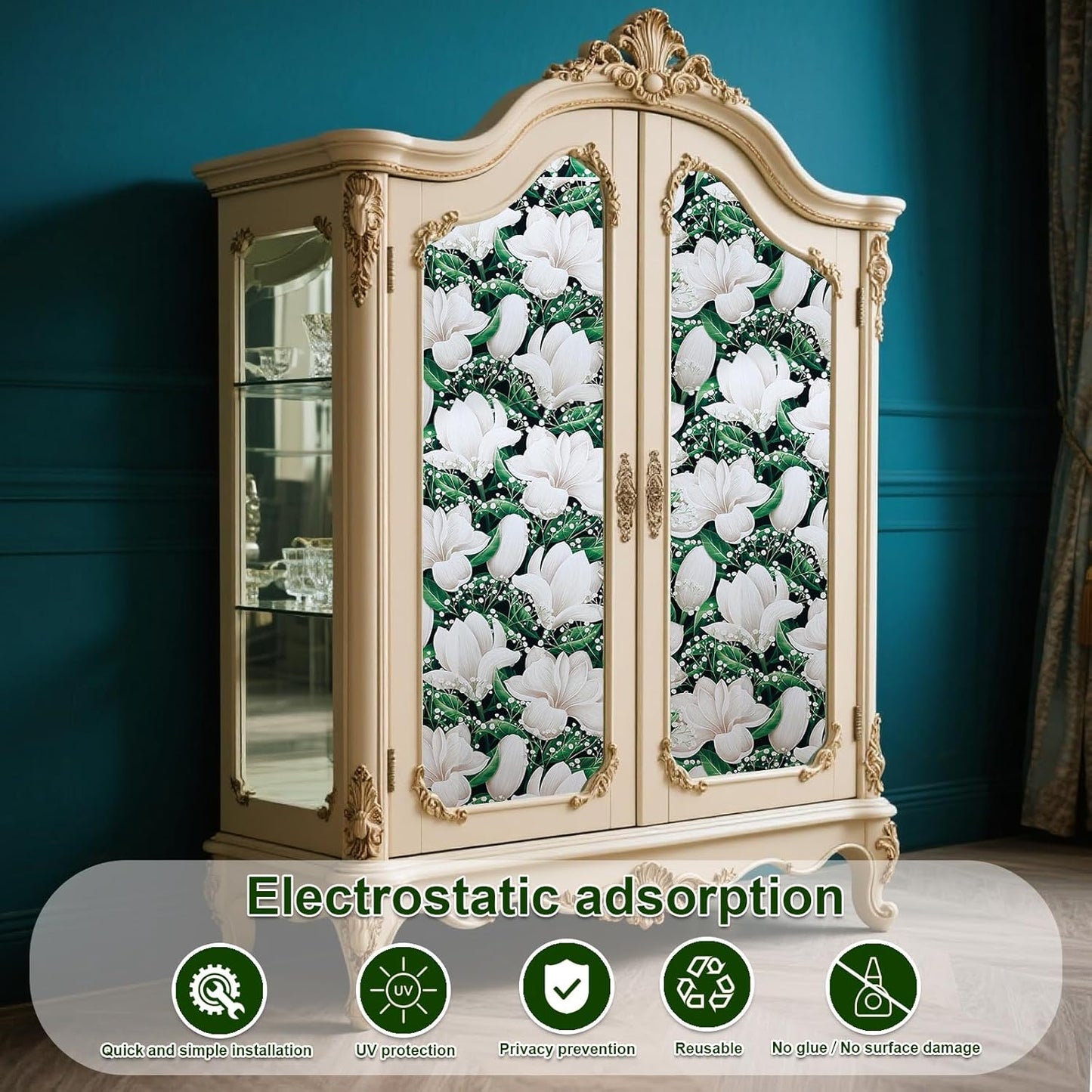 Window Privacy Film Stained Glass Decorative Static Clings Frosted Window Tint for Home Room Decor Bathroom Door Car Stickers with Glittering Effect, Removable(Magnolia Design)