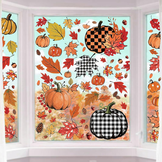 8 Sheets Fall Decorations, 178 Pcs Fall Window Clings, Double Sided Autumn Stickers with Maple Leaves Pumpkin Nuts Pine Cones for Party Thanksgiving Decor Indoor Outdoor Accessories