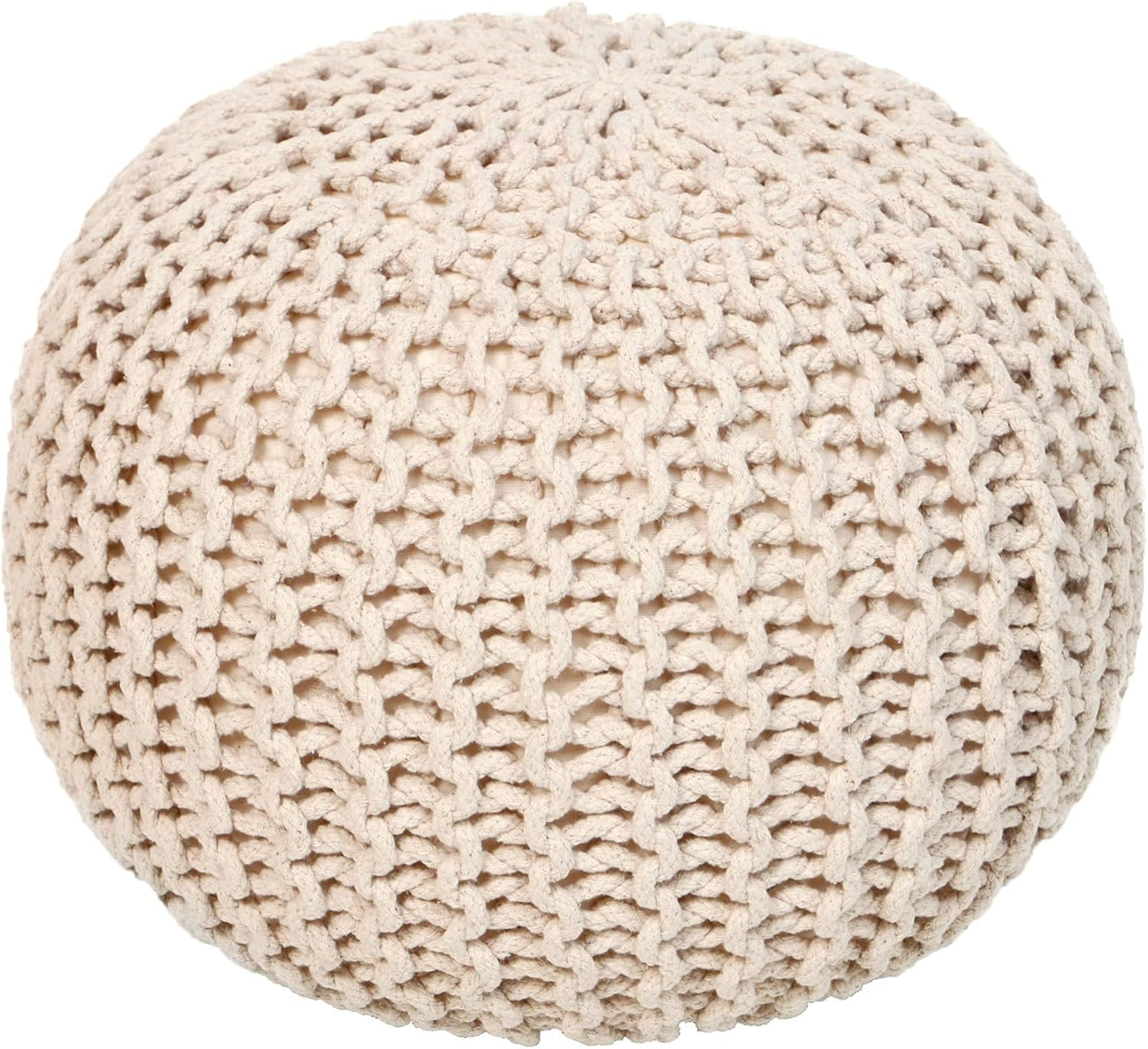 REDEARTH Round Pouf Ottoman - Cable Knitted Boho Poof - Home Décor Cord Pouffe Handmade Circular Footrest for Living Room - Bedroom - Kids Bedroom - 100% Cotton Pouf (19.5"x19.5"x14") - Ivory