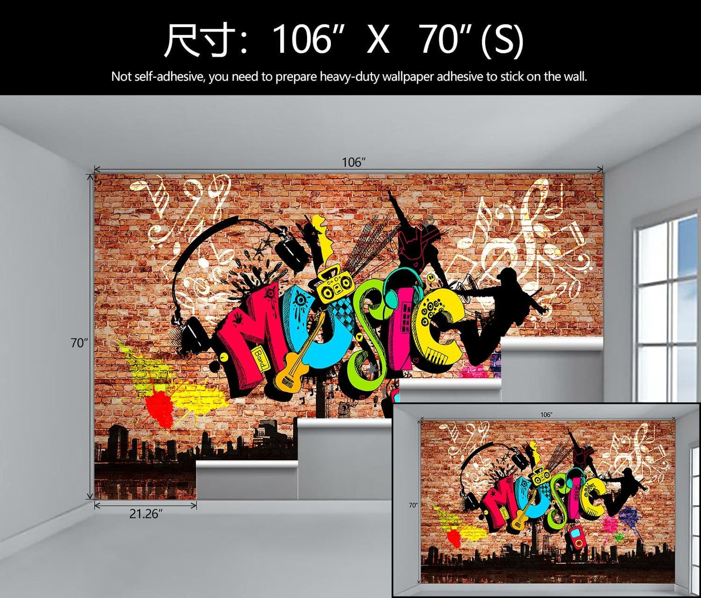 WFBHUA-Music Graffiti Wallpaper Abstract City Brick Wall Hip-hop Murals for Bar Ktv Industrial Background (Not Peel and Stick)