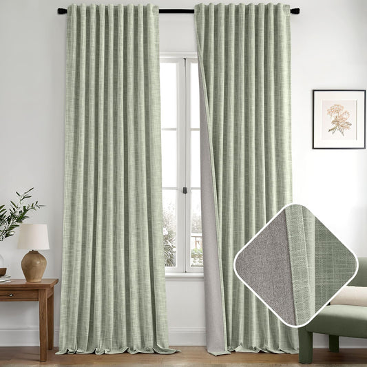 MIULEE Sage Green 100% Blackout Linen Curtains 108 Inch 2 Panels Set Double Sided No Coating Pleated Back Tab Black Out Extra Long Thermal Insulated Pinch Pleat Bedroom Living Room Darkening Drapes